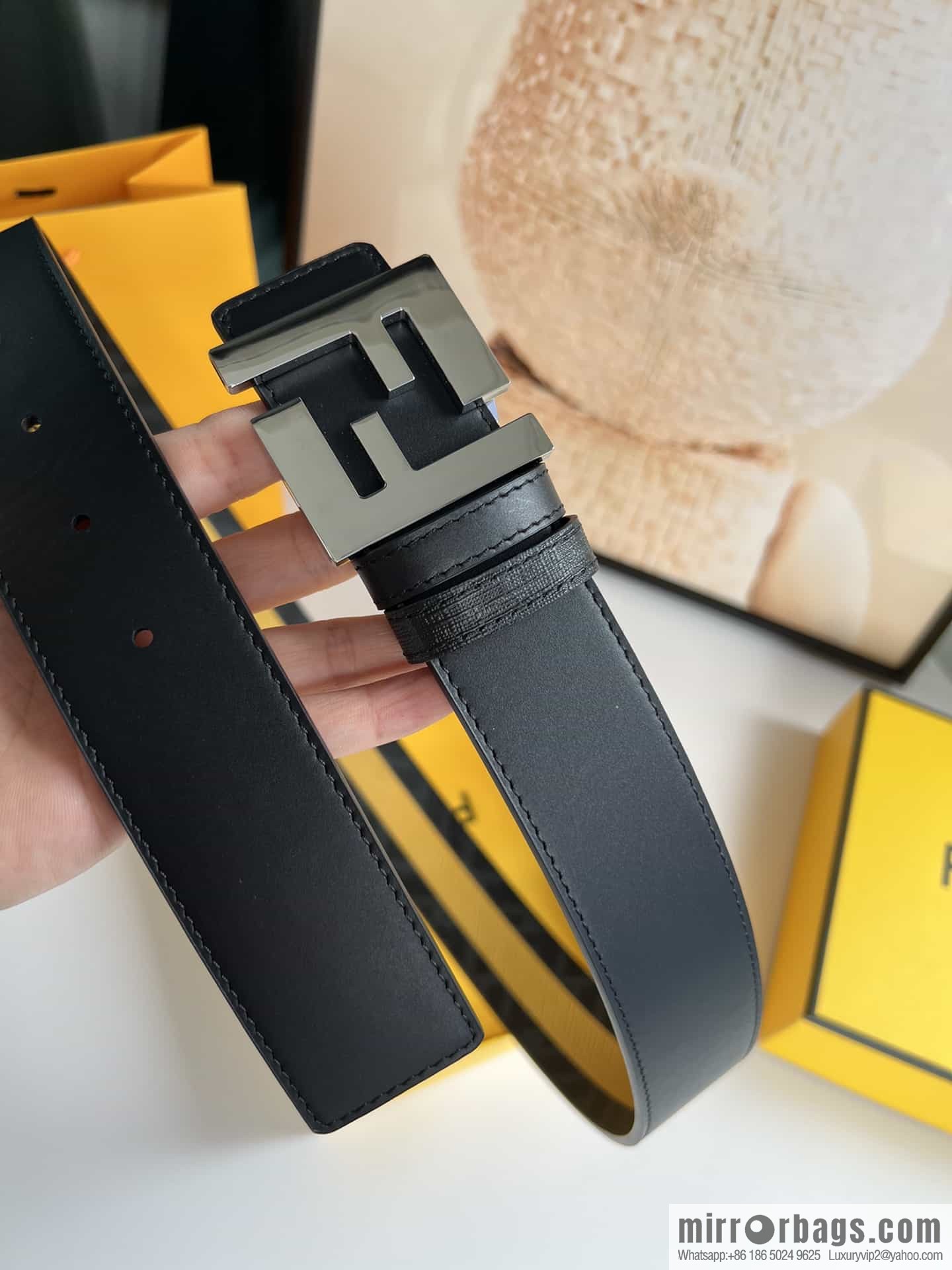 FENDI's latest extraordinary creative gradual change printing dark blue double FF cowhide belt 4.0cm