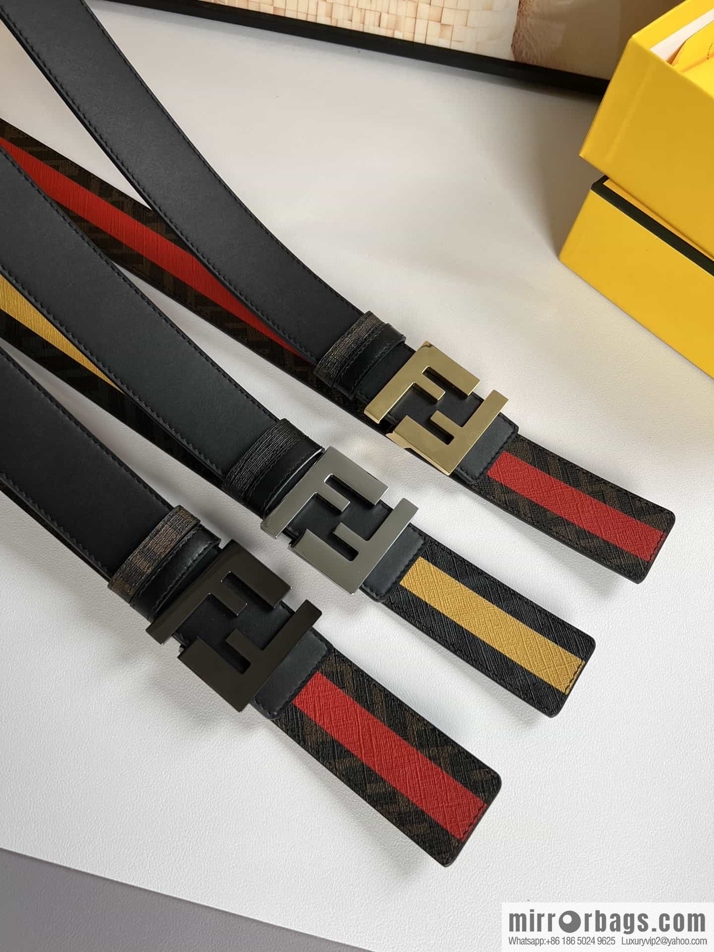 FENDI's latest extraordinary creative gradual change printing dark blue double FF cowhide belt 4.0cm