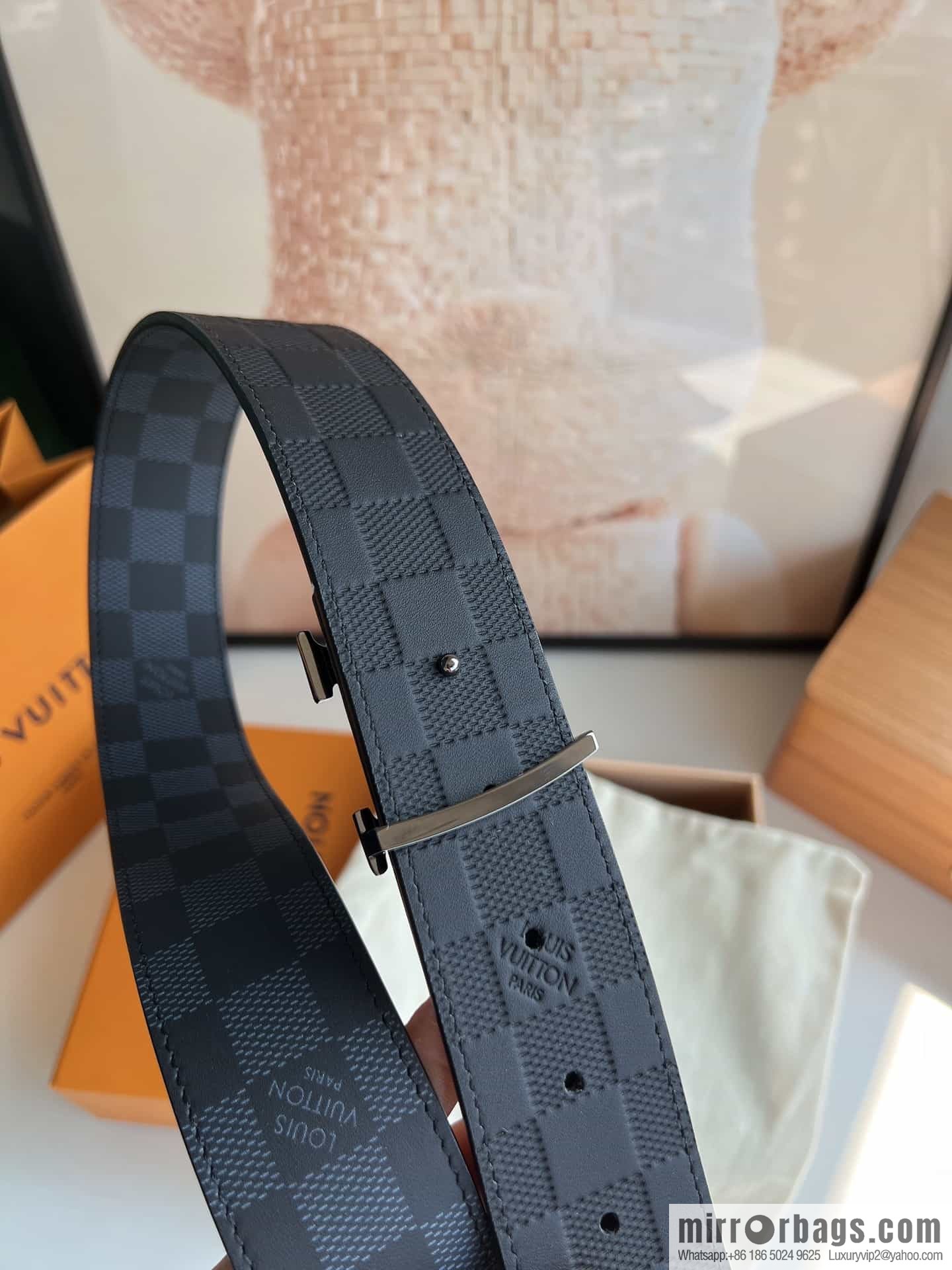 LV/Louis Vuitton, letter logo metal imported cowhide double-sided men's belt 40mm