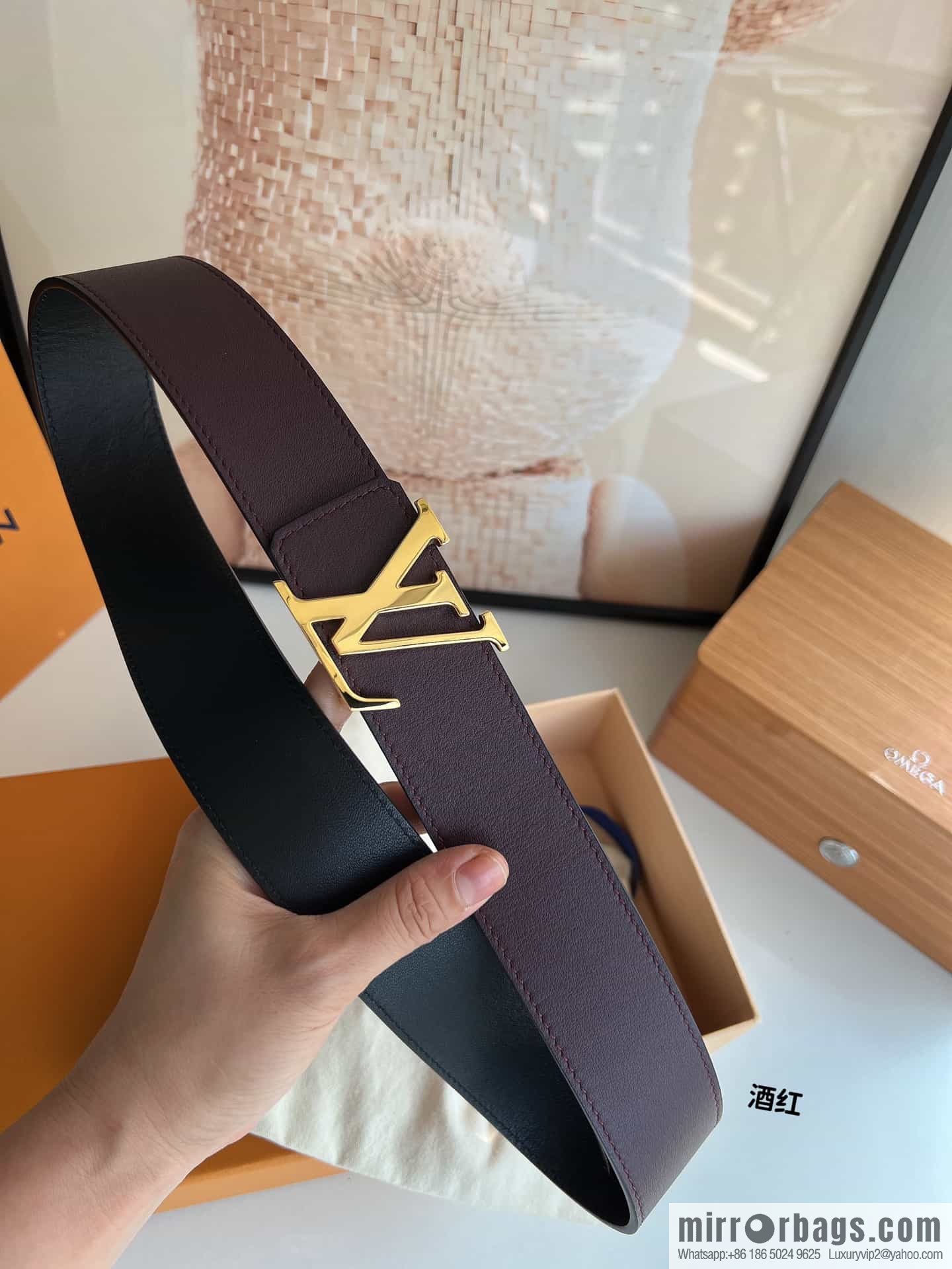 LV/Louis Vuitton, letter logo metal imported cowhide double-sided men's belt 40mm