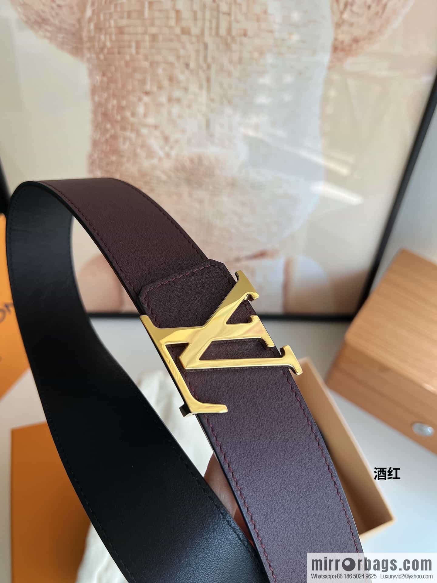 LV/Louis Vuitton, letter logo metal imported cowhide double-sided men's belt 40mm