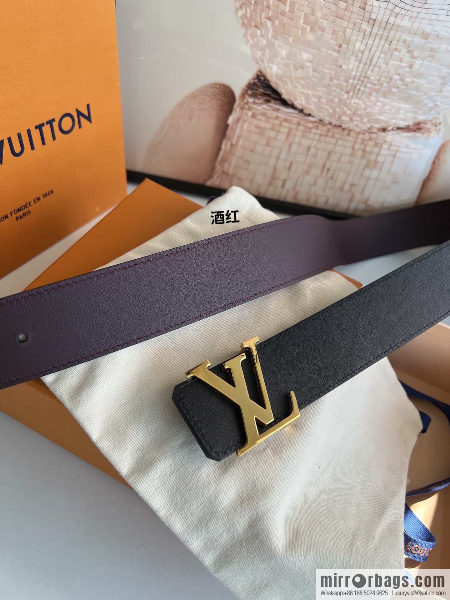 LV/Louis Vuitton, letter logo metal imported cowhide double-sided men's belt 40mm