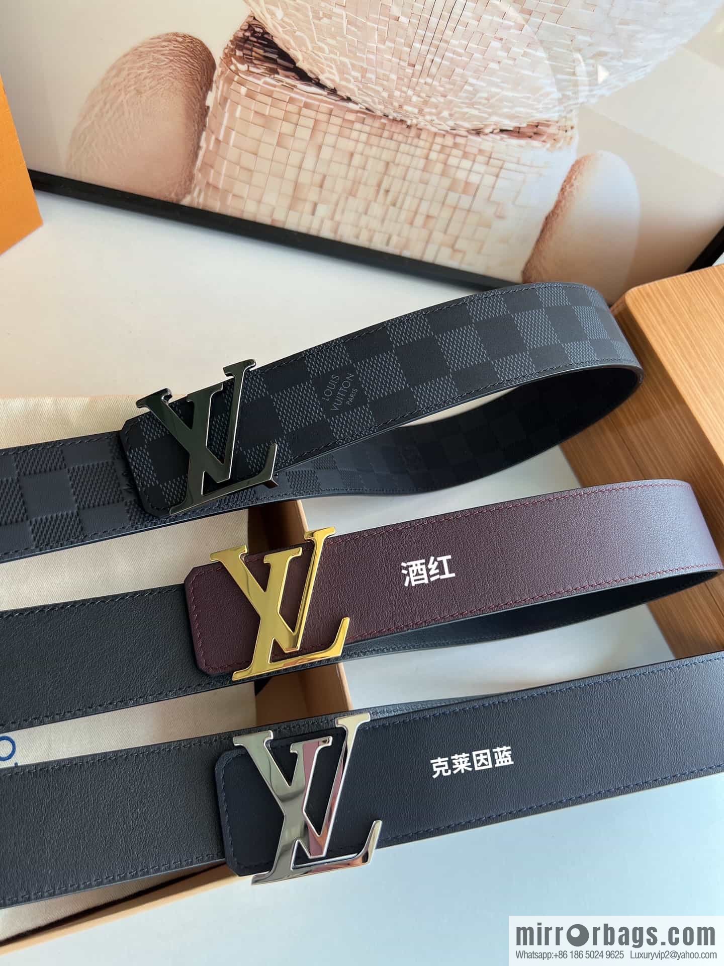 LV/Louis Vuitton, letter logo metal imported cowhide double-sided men's belt 40mm