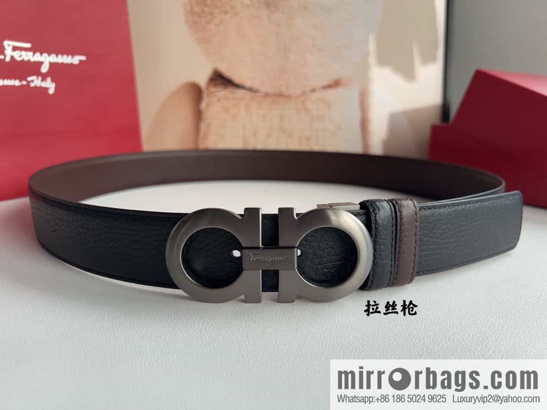 Ferragamo 8-character metal clip buckle first layer cowhide texture belt 3.5cm