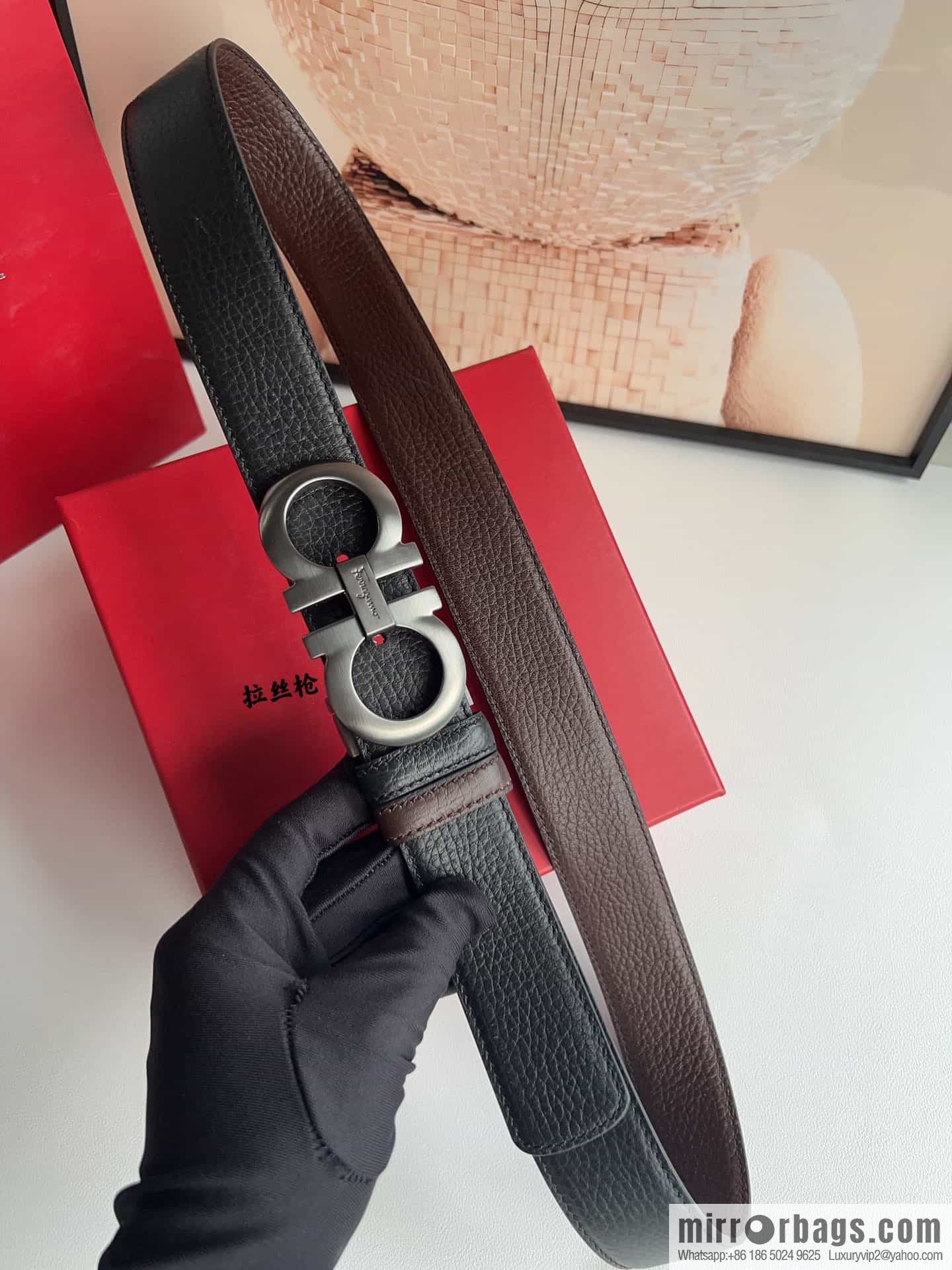 Ferragamo 8-character metal clip buckle first layer cowhide texture belt 3.5cm