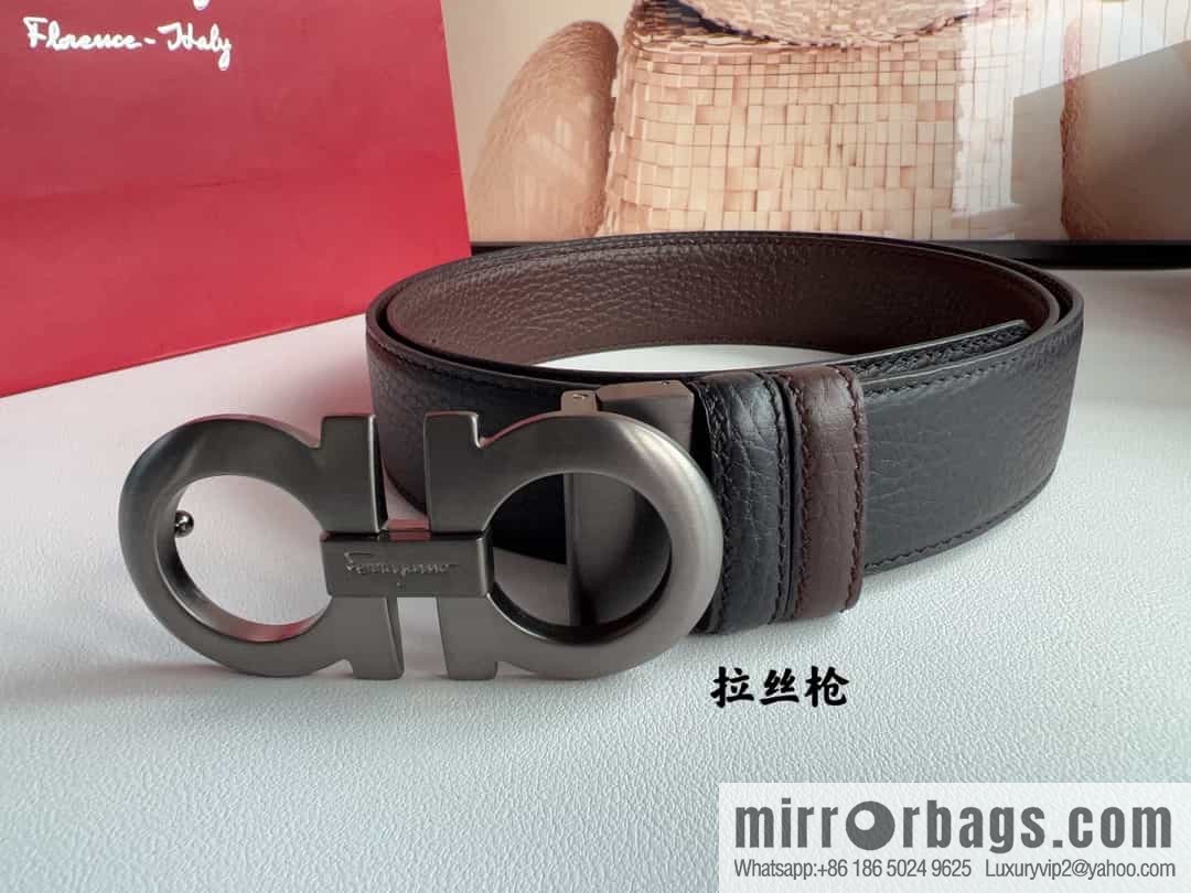 Ferragamo 8-character metal clip buckle first layer cowhide texture belt 3.5cm
