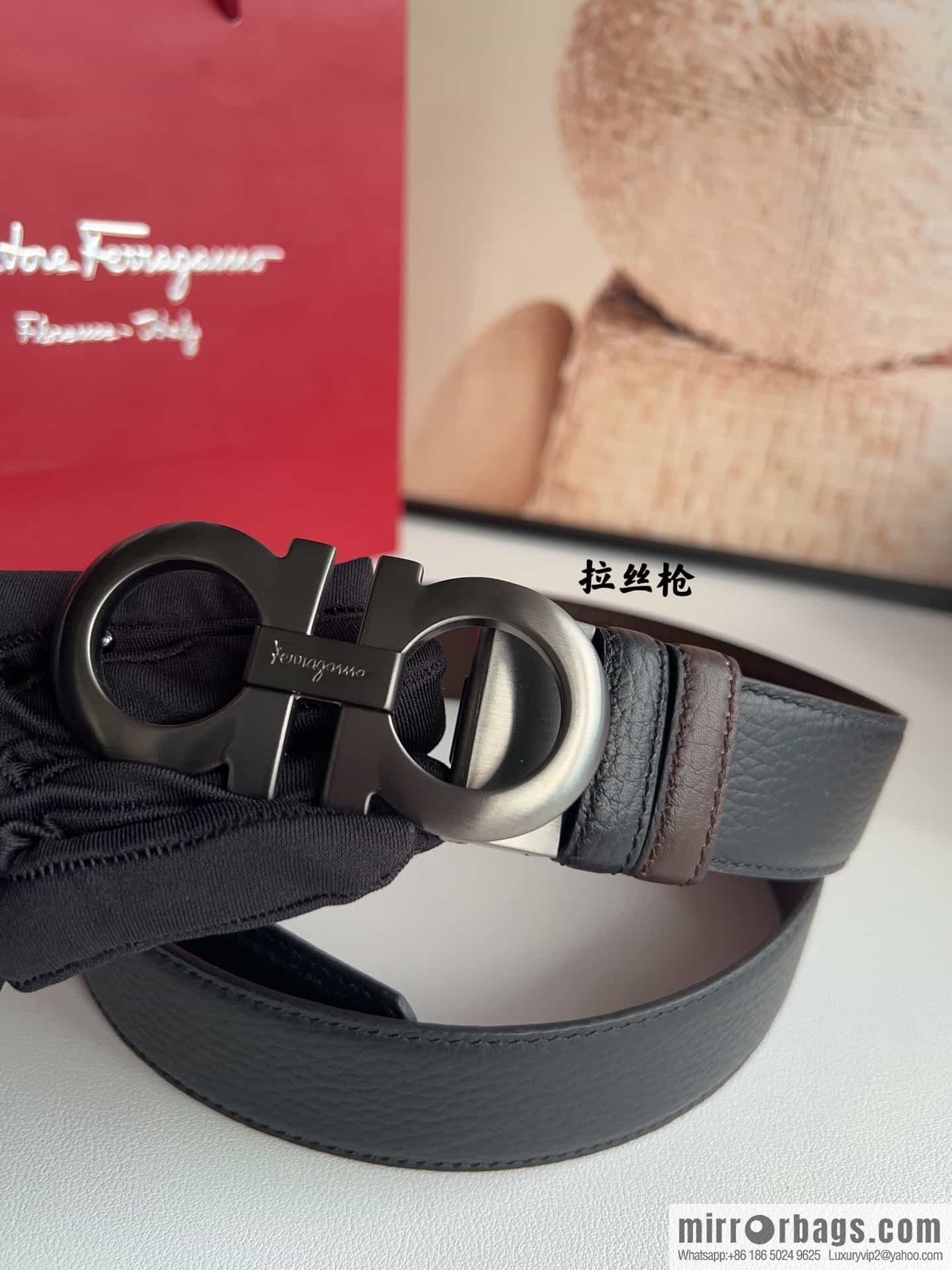 Ferragamo 8-character metal clip buckle first layer cowhide texture belt 3.5cm