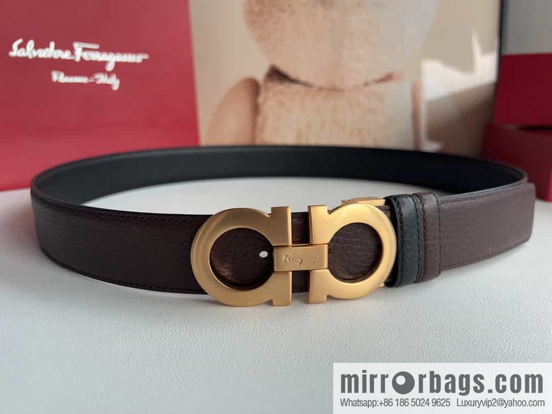 Ferragamo 8-character metal clip buckle first layer cowhide texture belt 3.5cm
