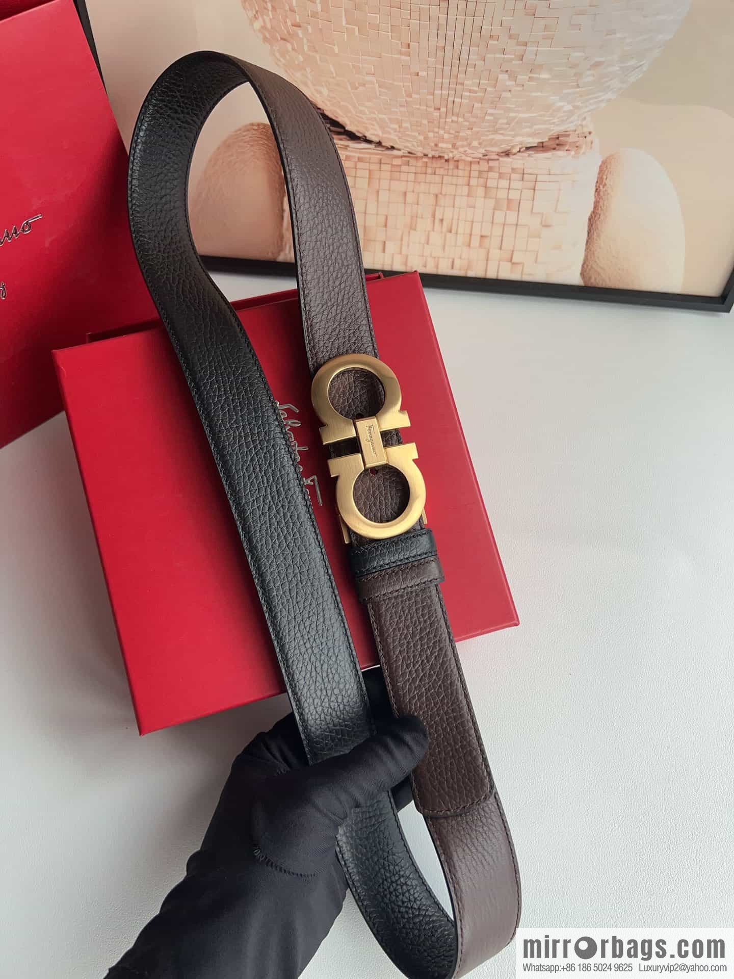 Ferragamo 8-character metal clip buckle first layer cowhide texture belt 3.5cm