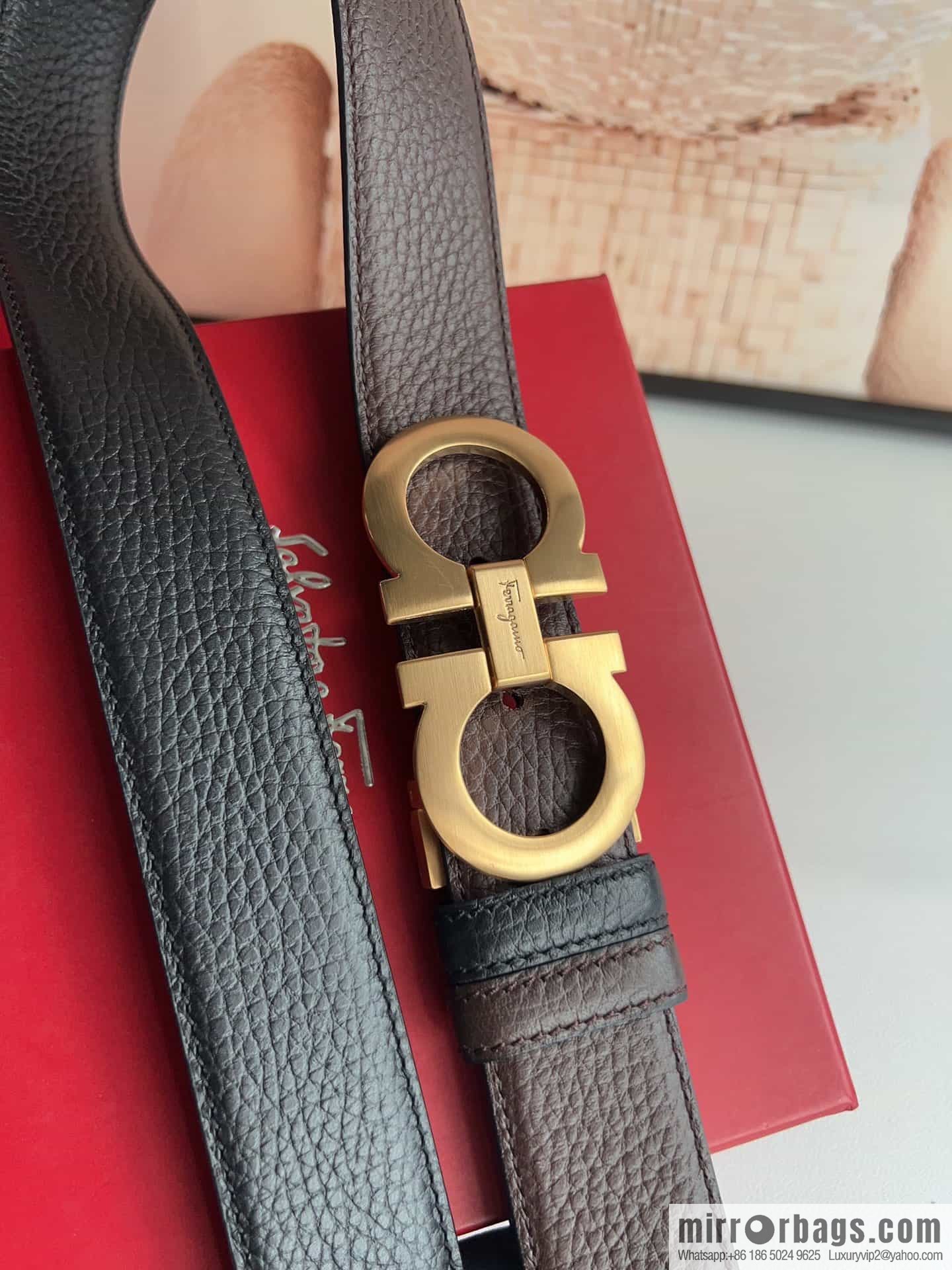 Ferragamo 8-character metal clip buckle first layer cowhide texture belt 3.5cm