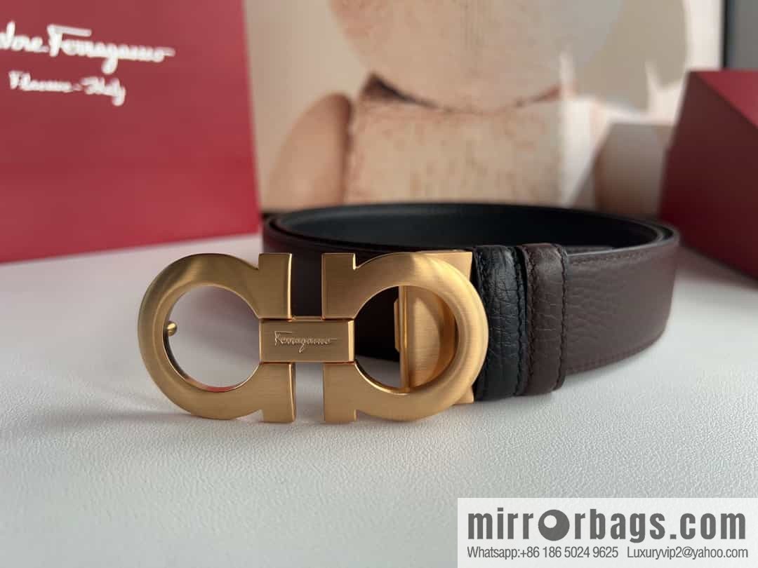 Ferragamo 8-character metal clip buckle first layer cowhide texture belt 3.5cm