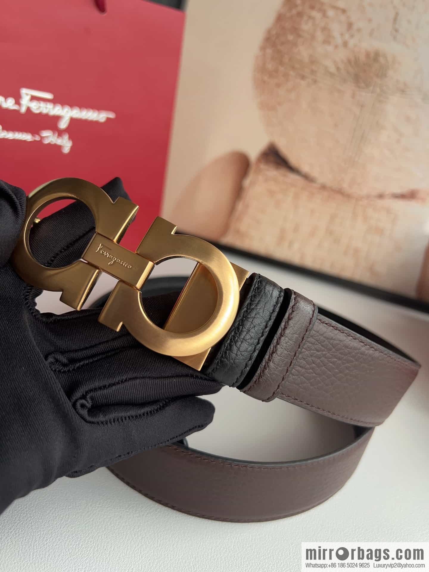 Ferragamo 8-character metal clip buckle first layer cowhide texture belt 3.5cm
