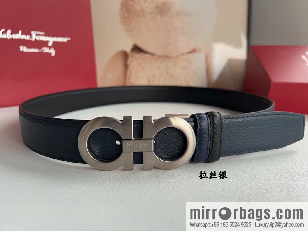 Ferragamo 8-character metal clip buckle first layer cowhide texture belt 3.5cm