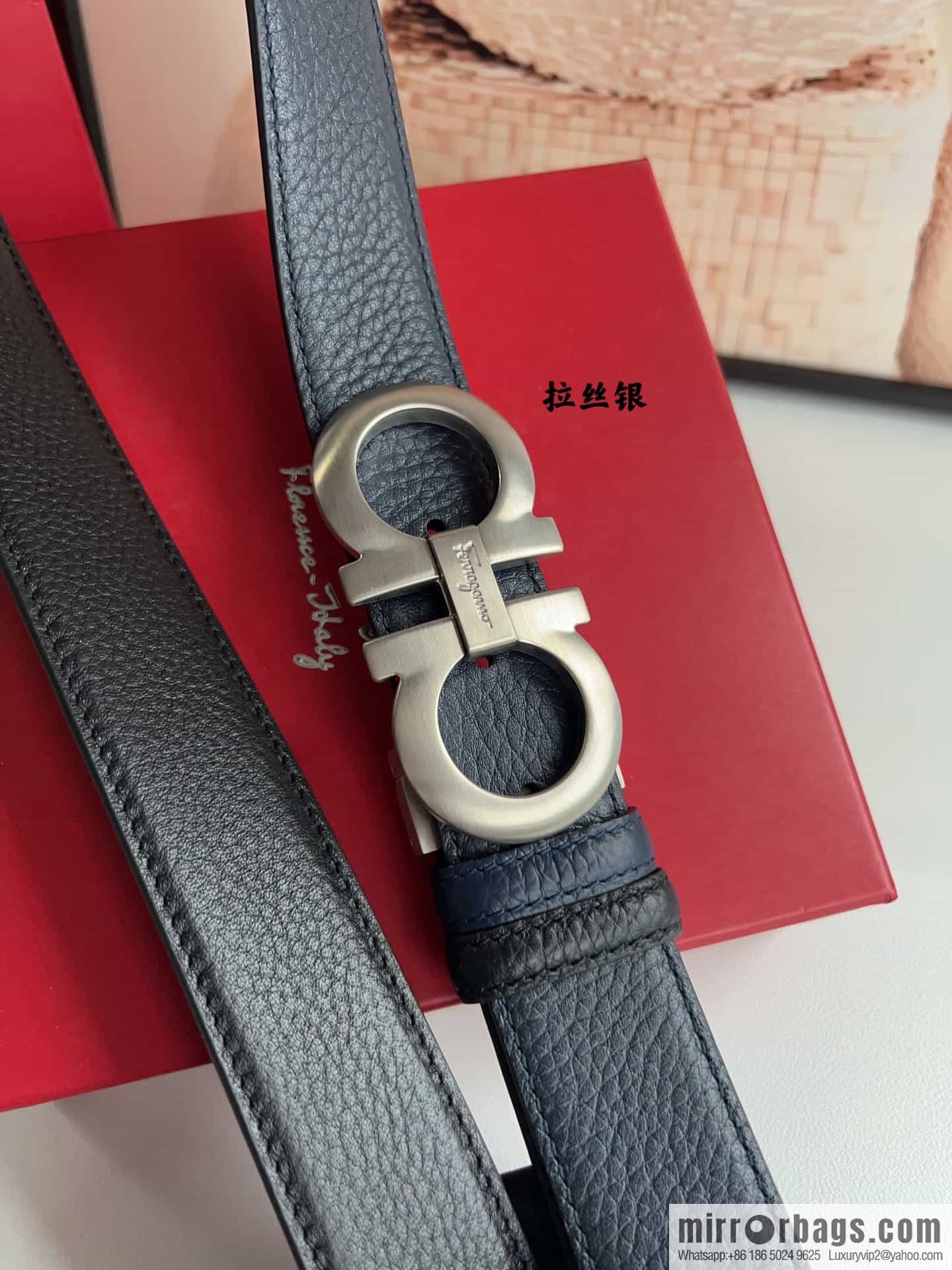 Ferragamo 8-character metal clip buckle first layer cowhide texture belt 3.5cm