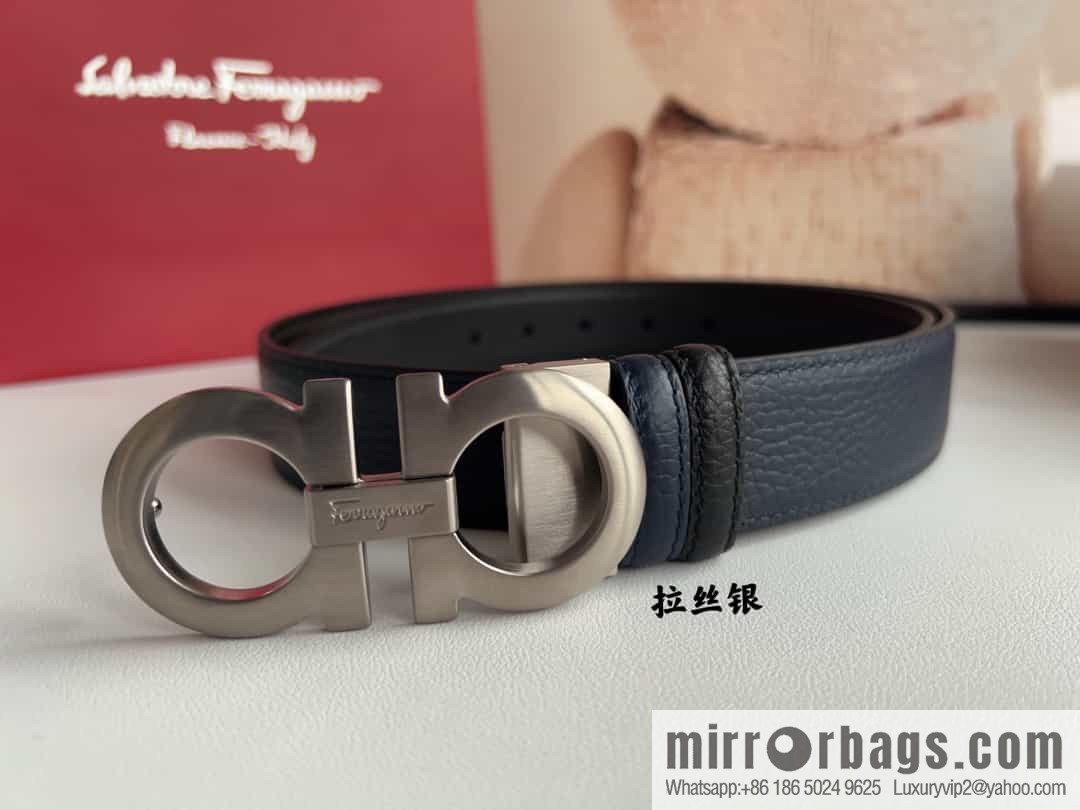Ferragamo 8-character metal clip buckle first layer cowhide texture belt 3.5cm