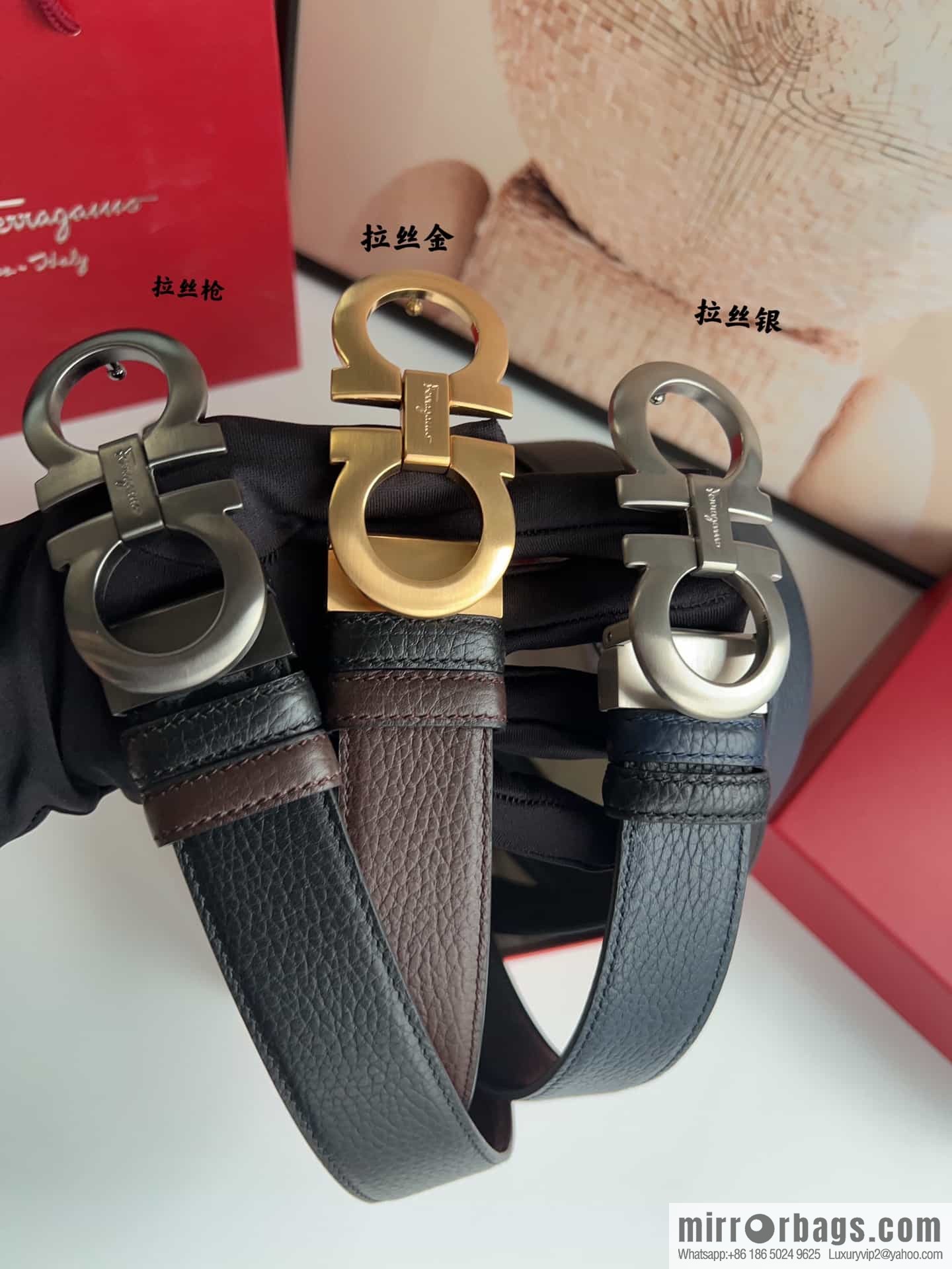 Ferragamo 8-character metal clip buckle first layer cowhide texture belt 3.5cm