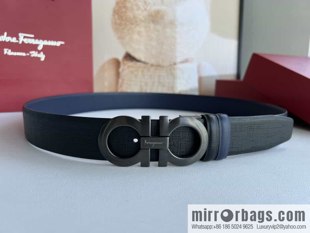 Ferragamo Ferragamo, Double Sided Cowhide Blue/Black Leather Men's 3.5cm Belt