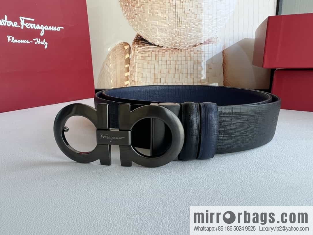 Ferragamo Ferragamo, Double Sided Cowhide Blue/Black Leather Men's 3.5cm Belt