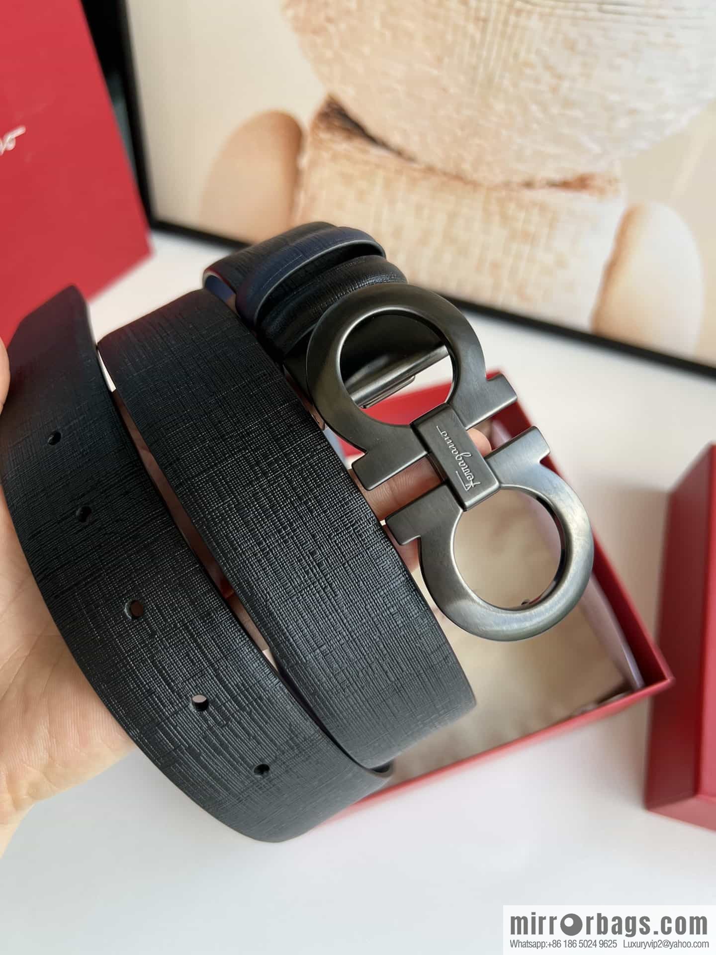 Ferragamo Ferragamo, Double Sided Cowhide Blue/Black Leather Men's 3.5cm Belt