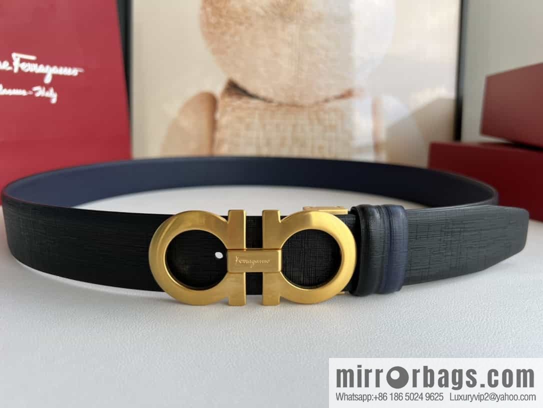 Ferragamo Ferragamo, Double Sided Cowhide Blue/Black Leather Men's 3.5cm Belt