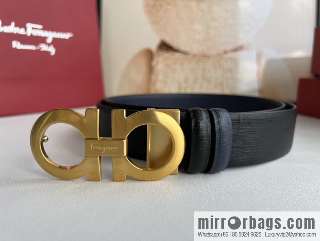 Ferragamo Ferragamo, Double Sided Cowhide Blue/Black Leather Men's 3.5cm Belt