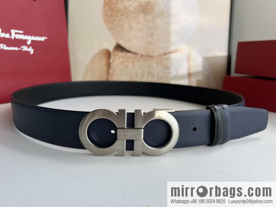 Ferragamo Ferragamo, Double Sided Cowhide Blue/Black Leather Men's 3.5cm Belt