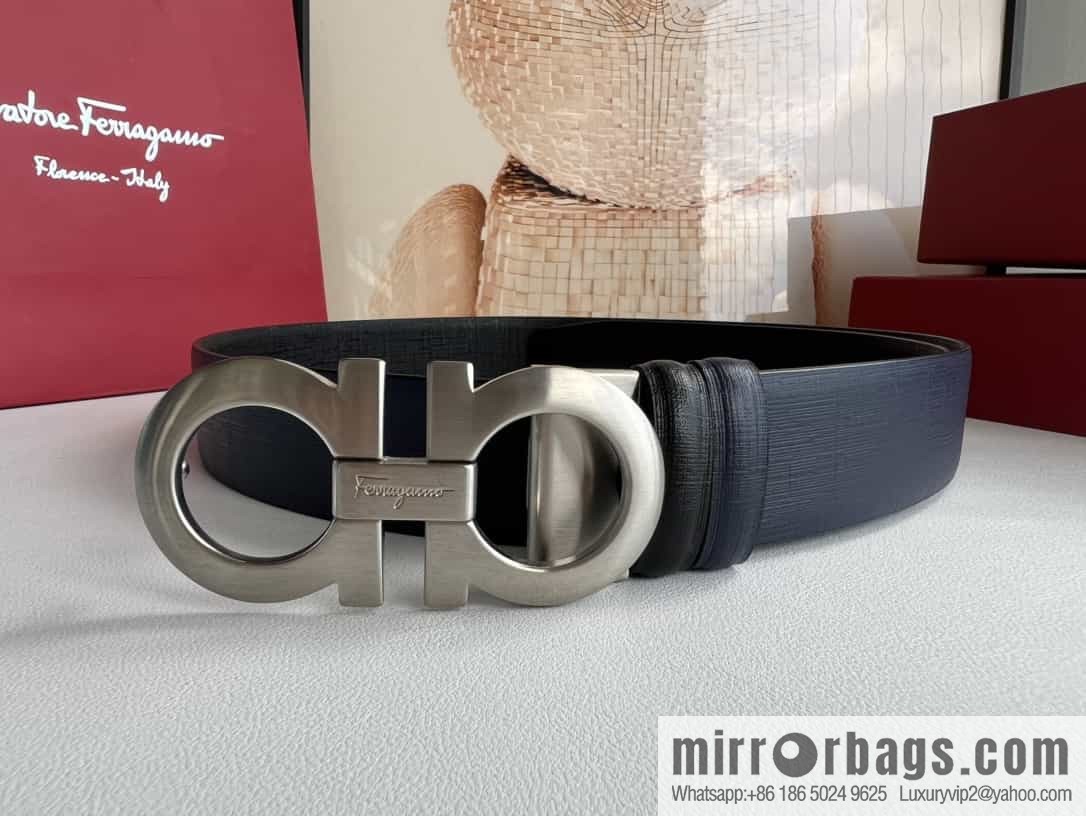 Ferragamo Ferragamo, Double Sided Cowhide Blue/Black Leather Men's 3.5cm Belt