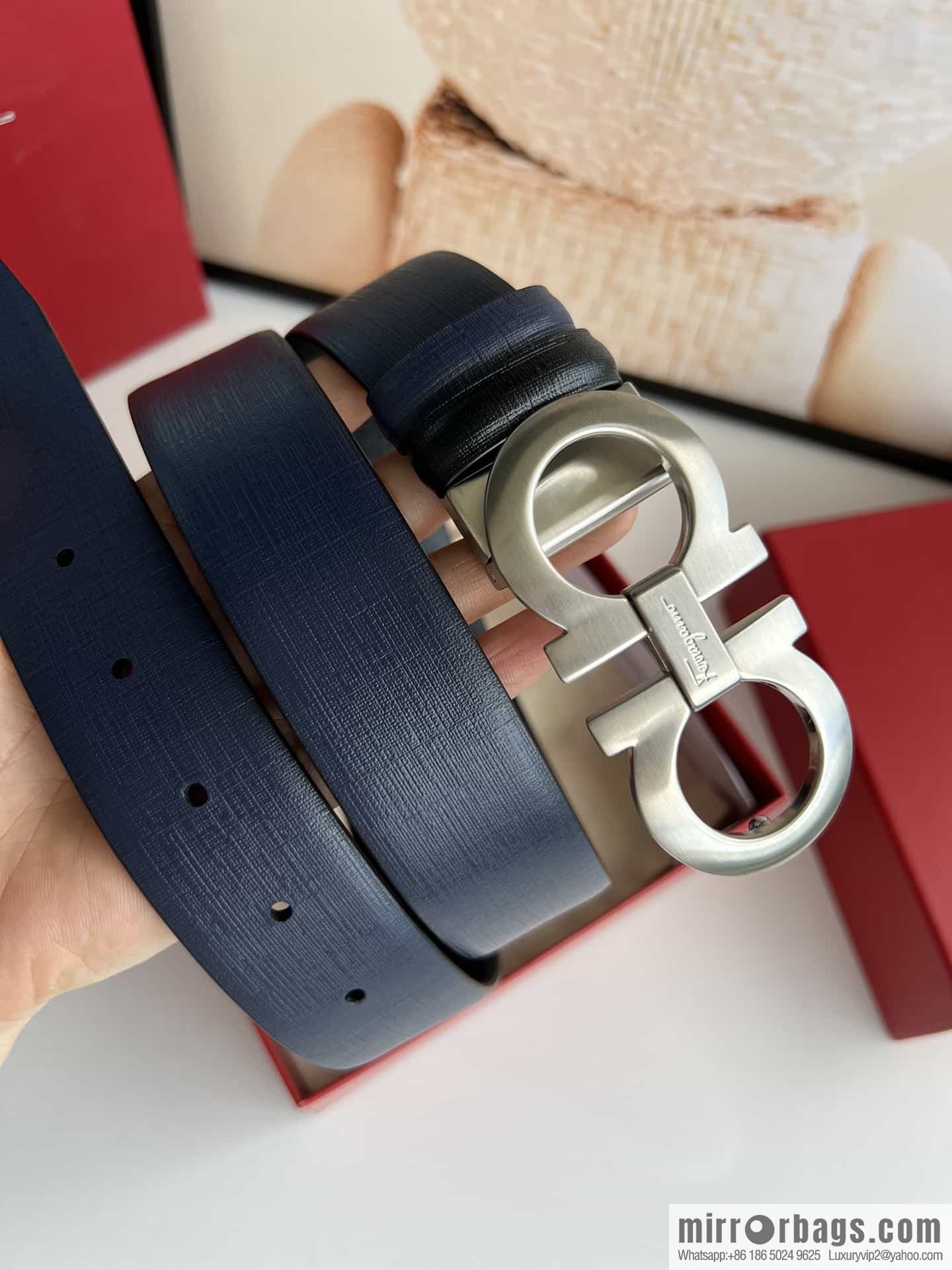Ferragamo Ferragamo, Double Sided Cowhide Blue/Black Leather Men's 3.5cm Belt
