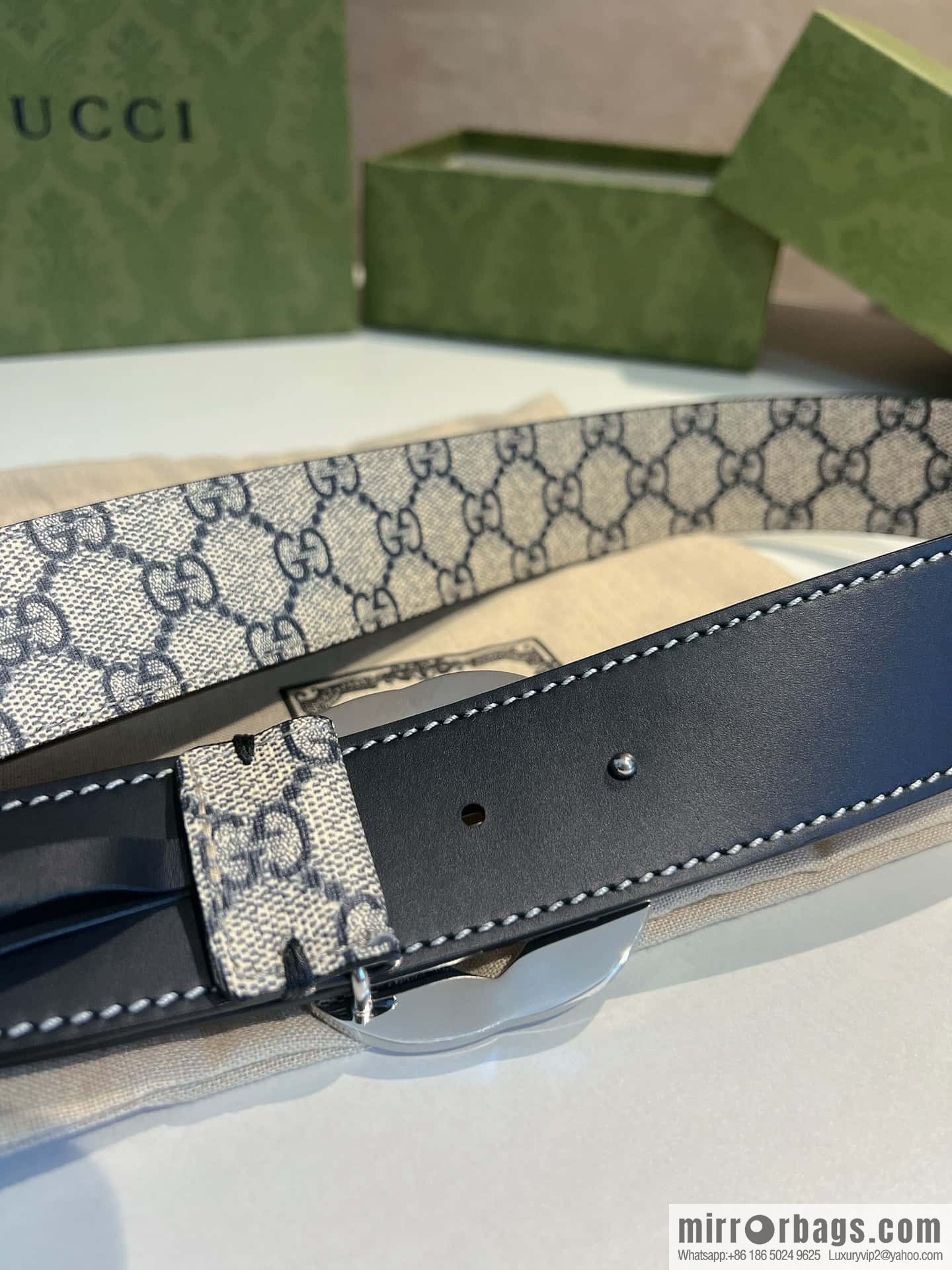 GUCCI Gucci, Men's PVC with Leather Double G Stainless Steel Rolling Sand Metal Buckle 38mm Belt