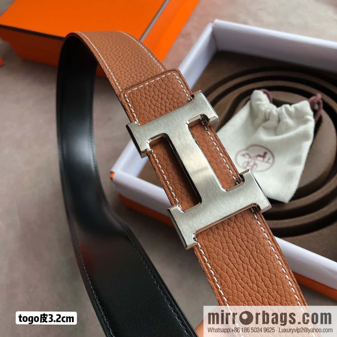 Hermes H solder joint brushed, imported togo leather 3.2CM belt
