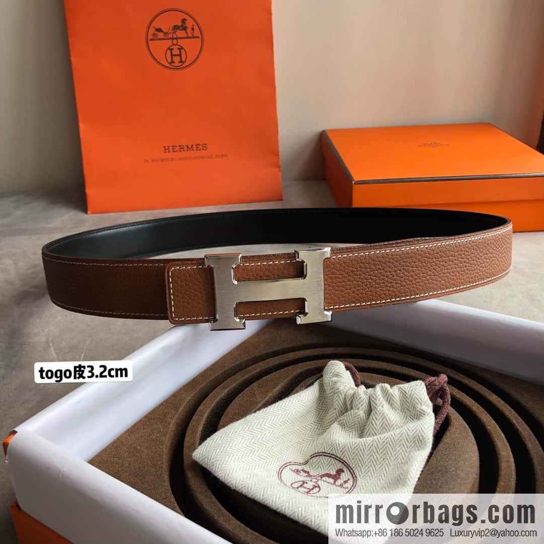 Hermes H solder joint brushed, imported togo leather 3.2CM belt