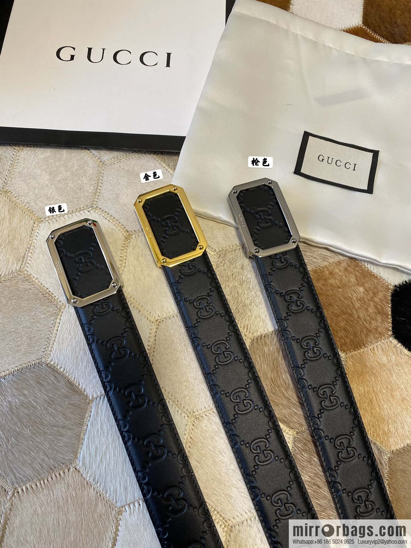 GUCCI square metal buckle 35mm double G embossed imported cowhide belt