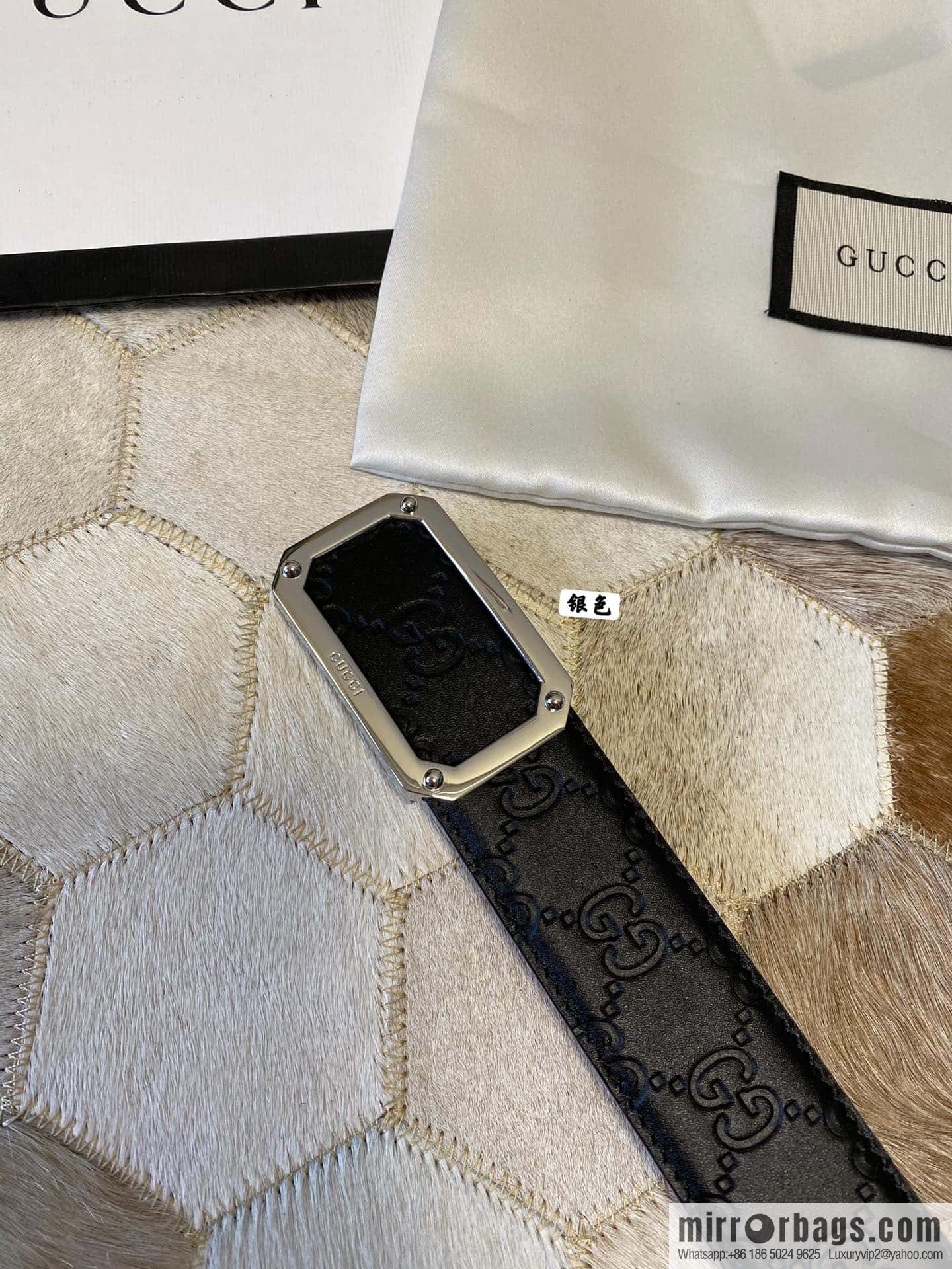 GUCCI square metal buckle 35mm double G embossed imported cowhide belt