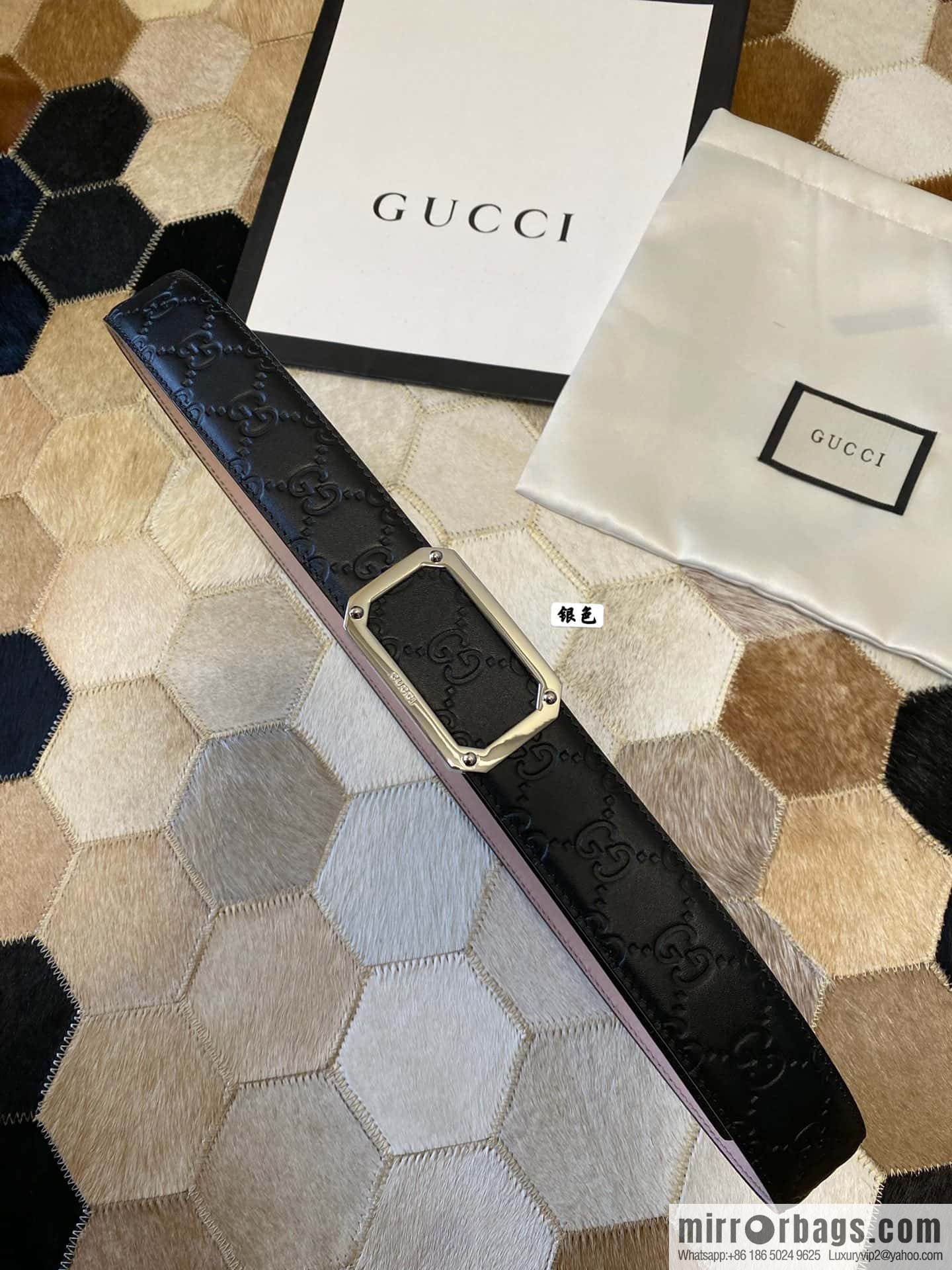 GUCCI square metal buckle 35mm double G embossed imported cowhide belt