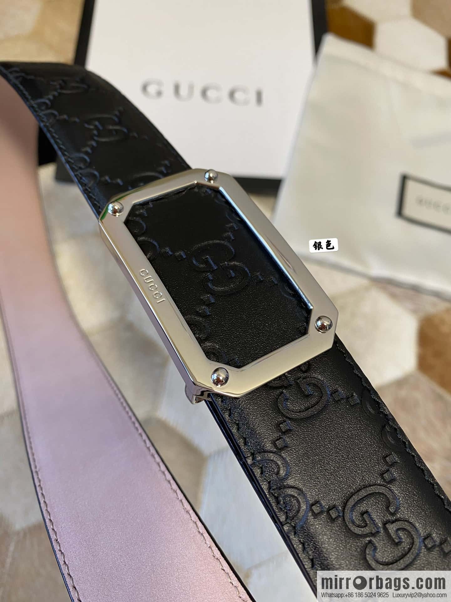 GUCCI square metal buckle 35mm double G embossed imported cowhide belt