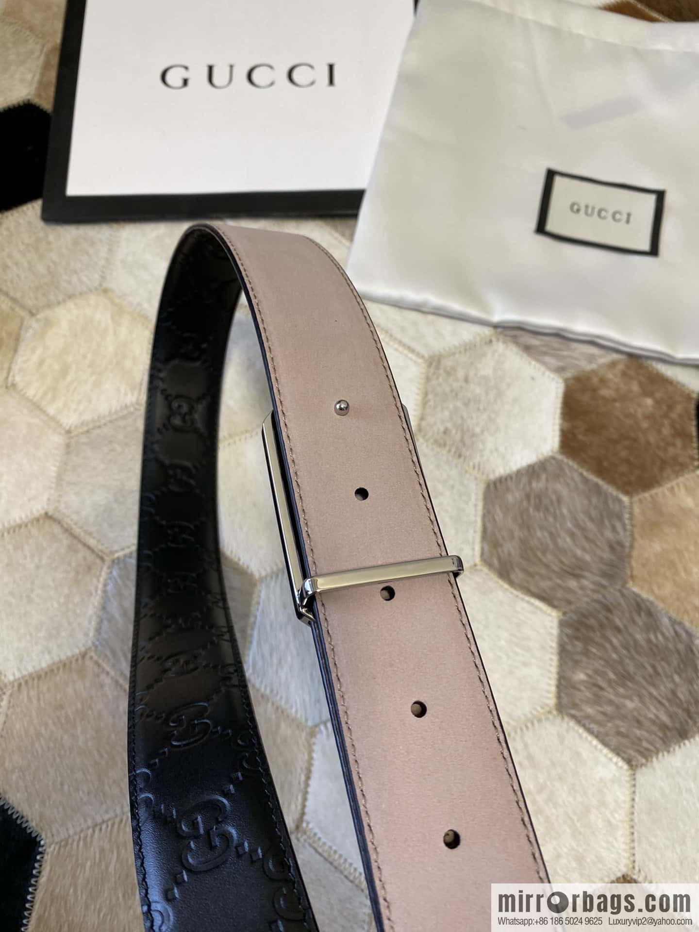 GUCCI square metal buckle 35mm double G embossed imported cowhide belt
