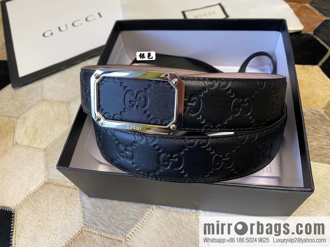 GUCCI square metal buckle 35mm double G embossed imported cowhide belt