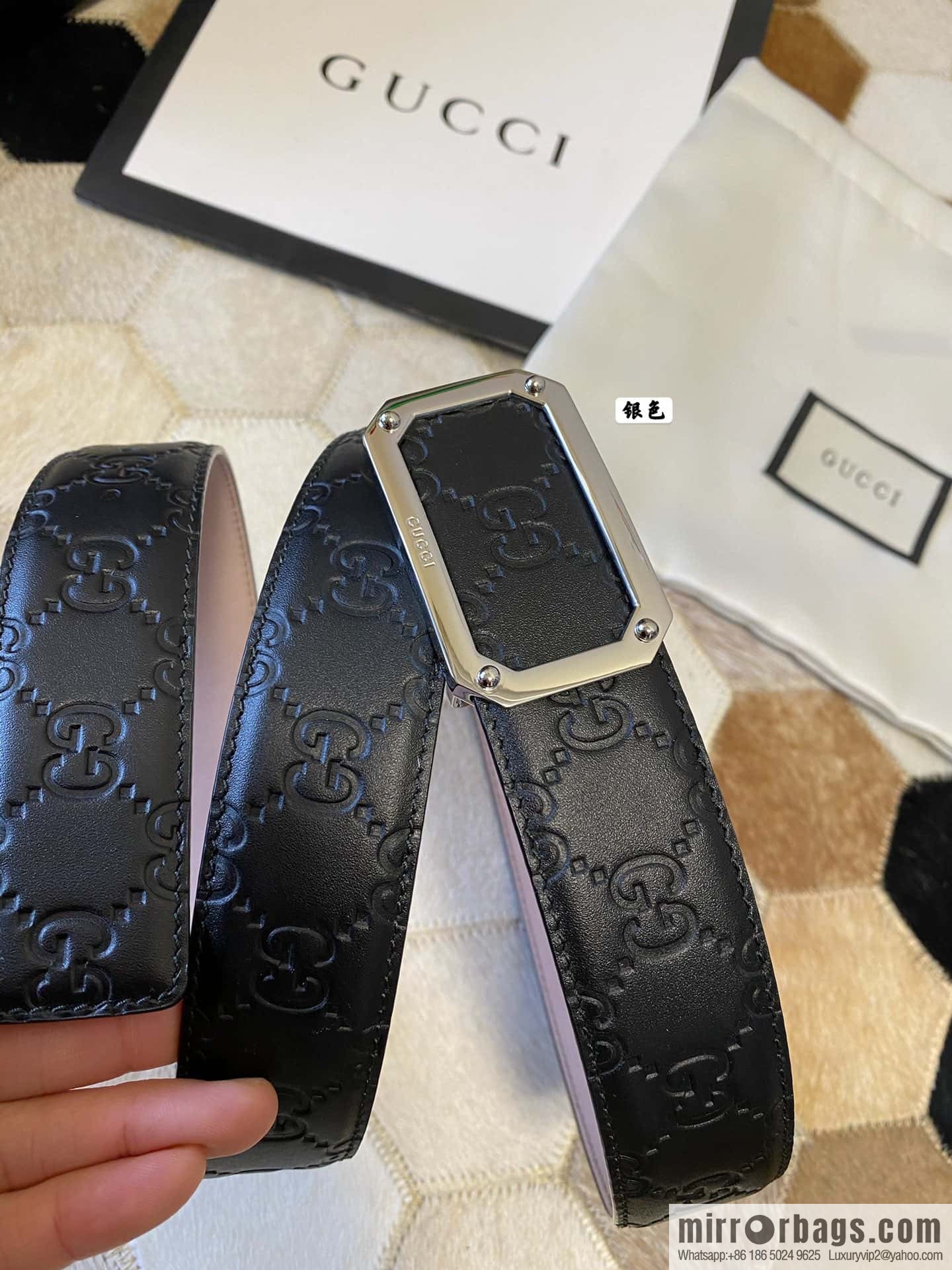 GUCCI square metal buckle 35mm double G embossed imported cowhide belt