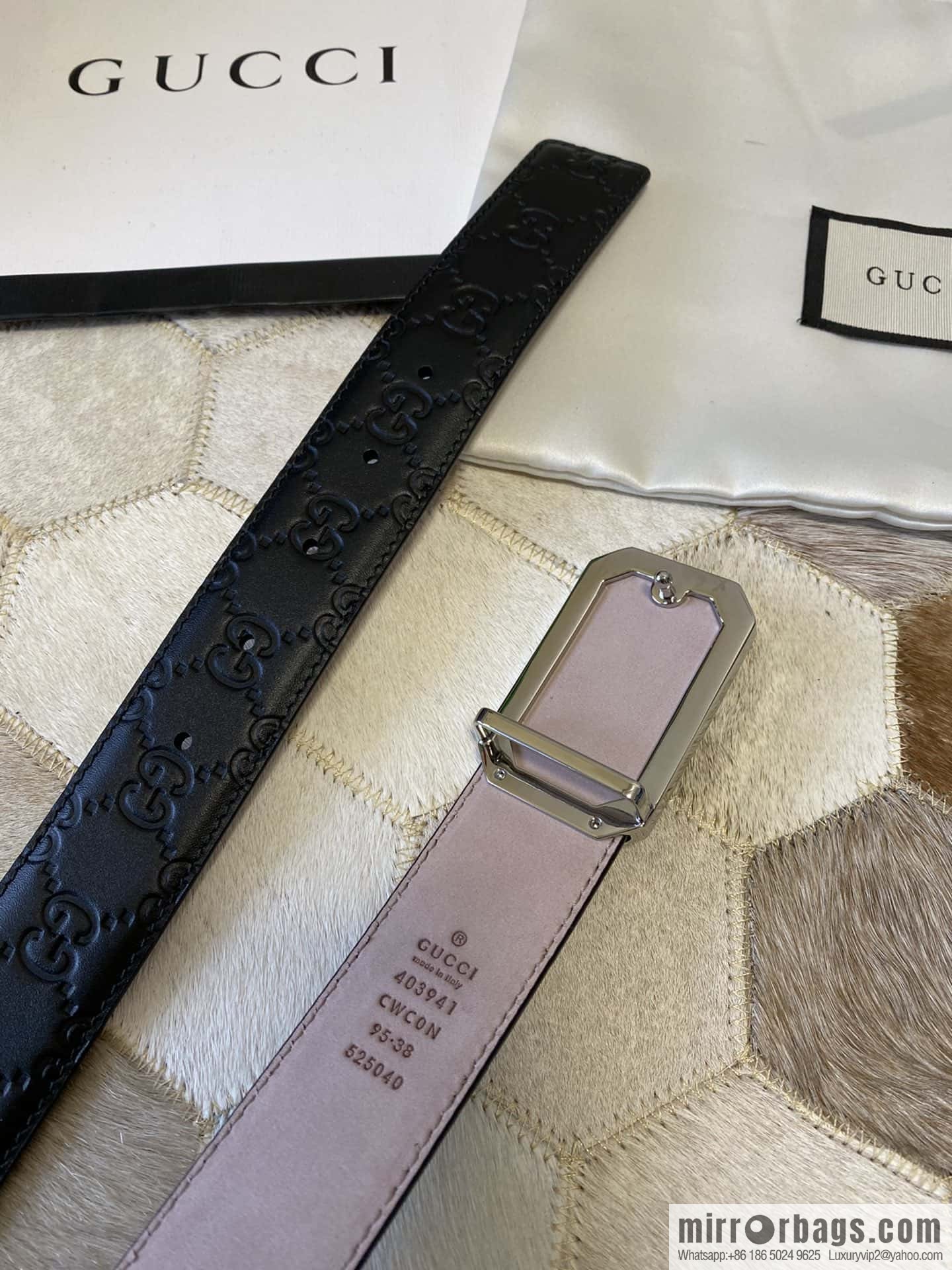 GUCCI square metal buckle 35mm double G embossed imported cowhide belt