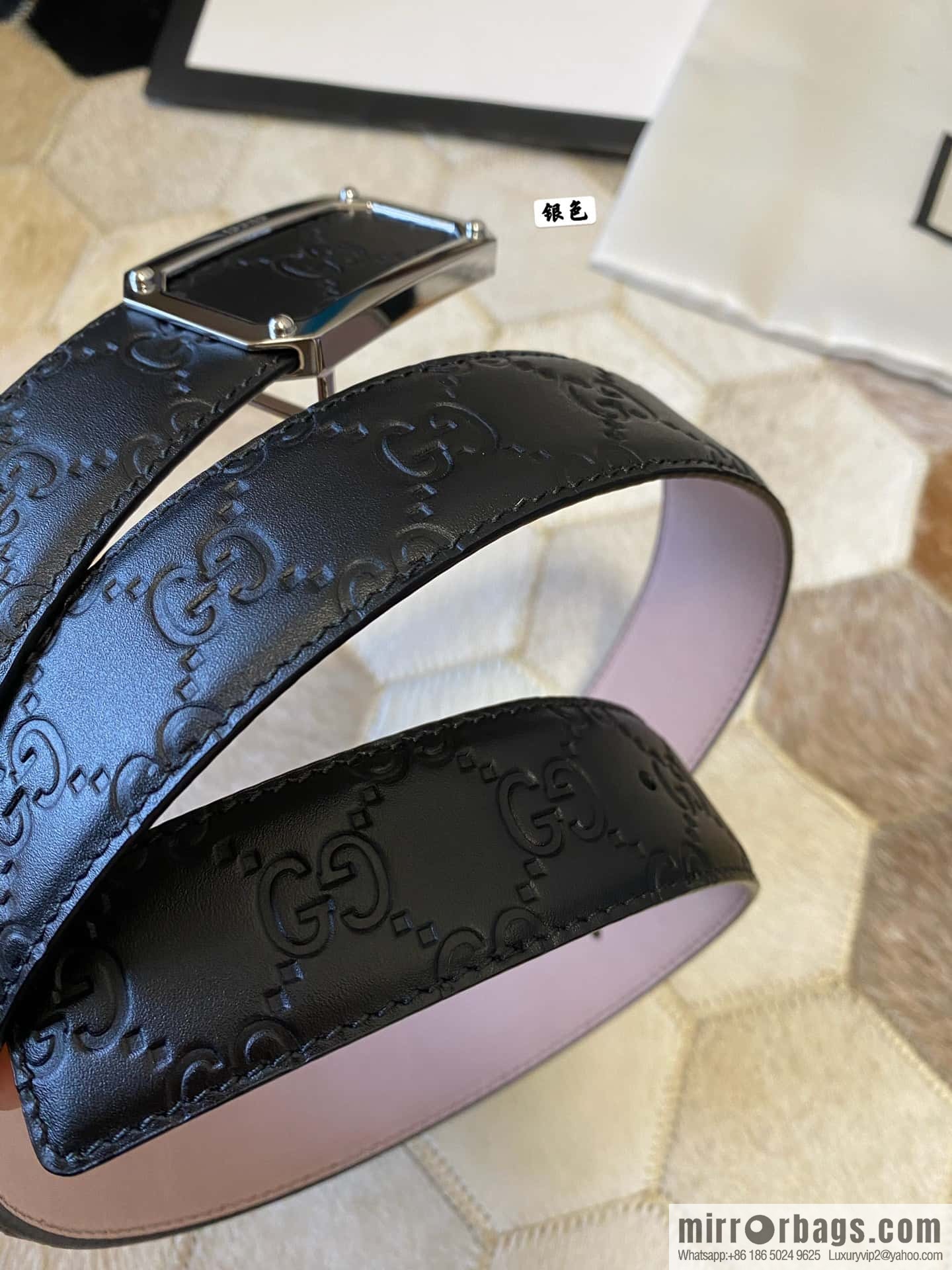 GUCCI square metal buckle 35mm double G embossed imported cowhide belt