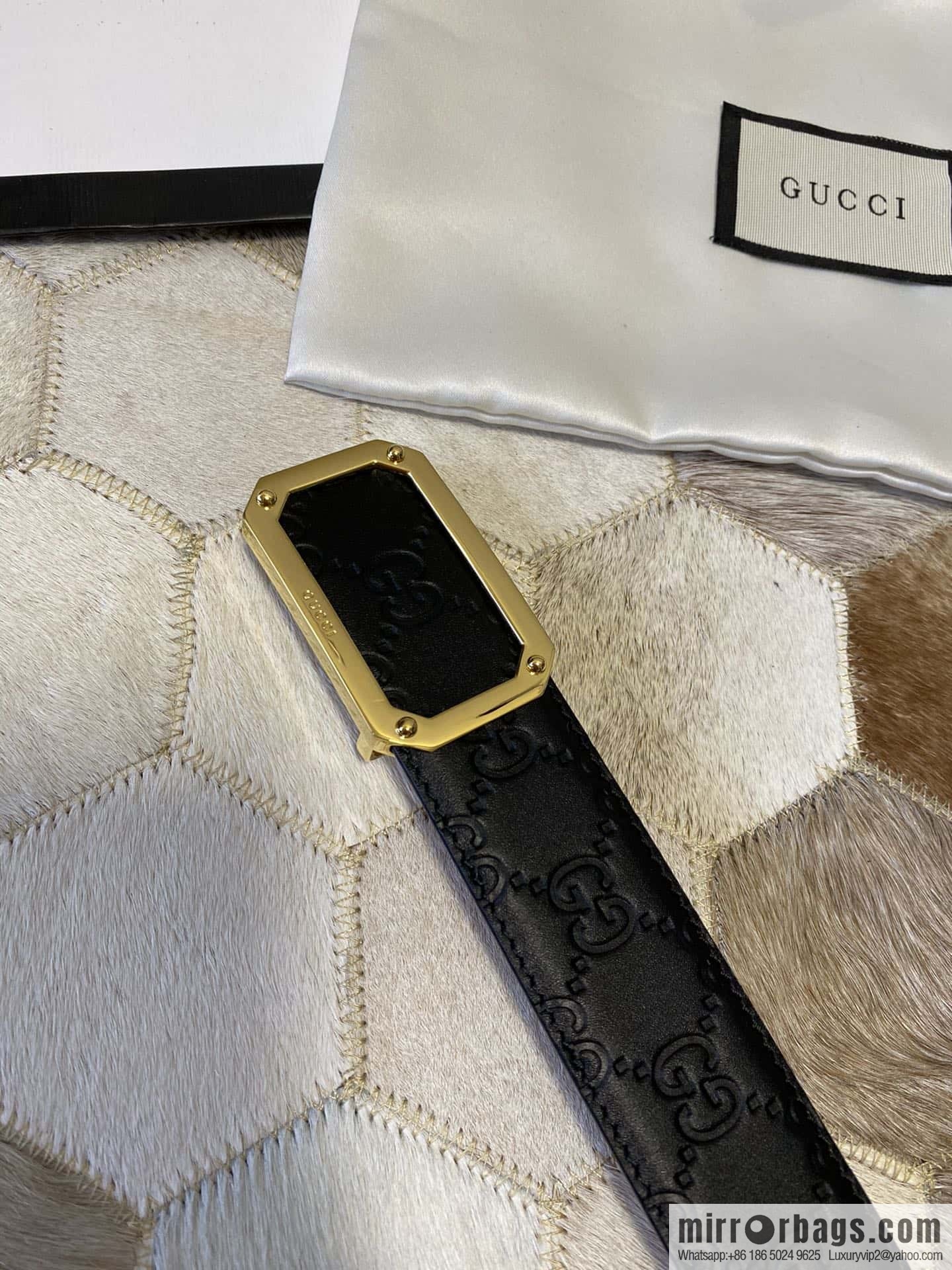 GUCCI square metal buckle 35mm double G embossed imported cowhide belt