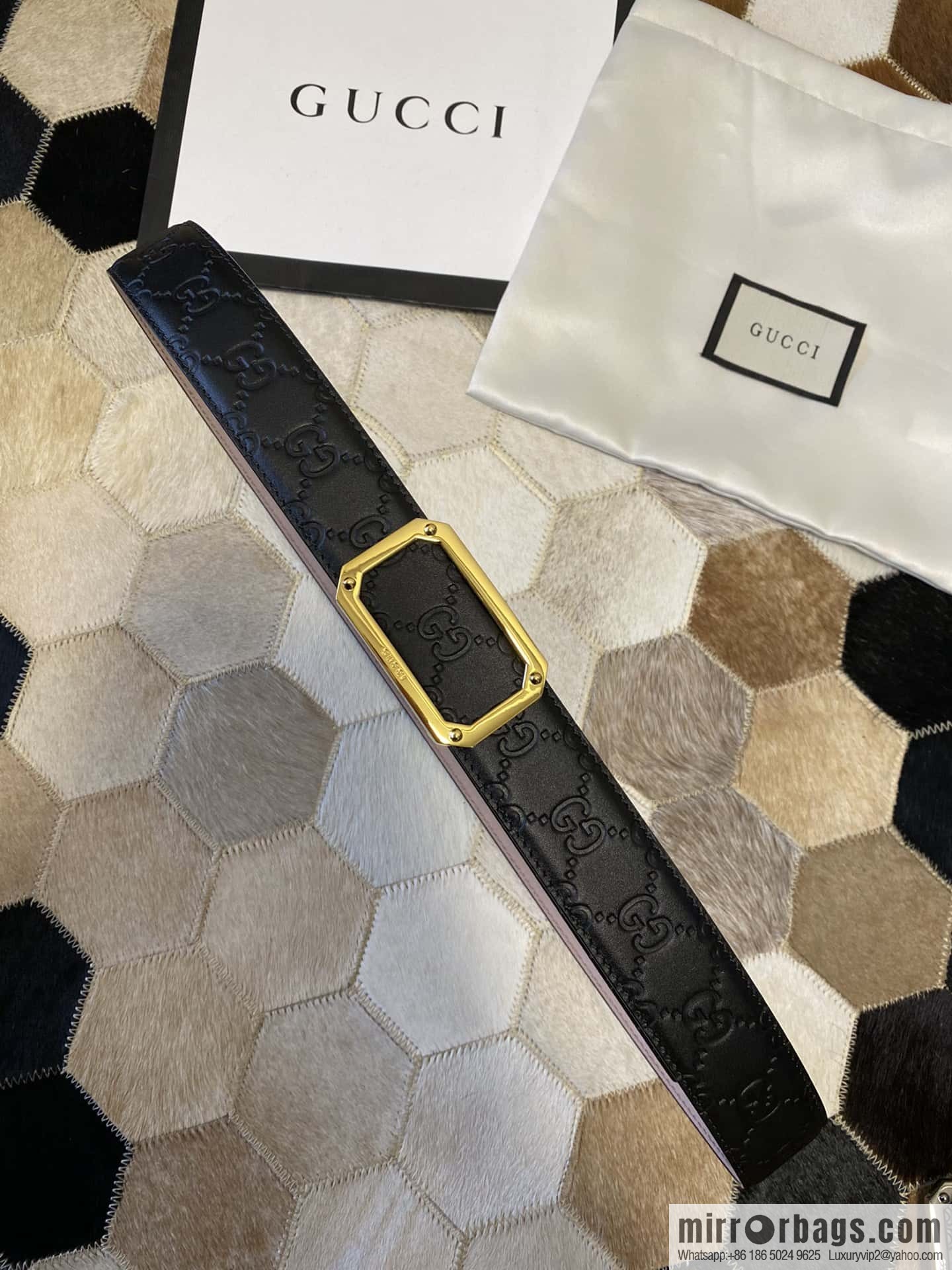 GUCCI square metal buckle 35mm double G embossed imported cowhide belt