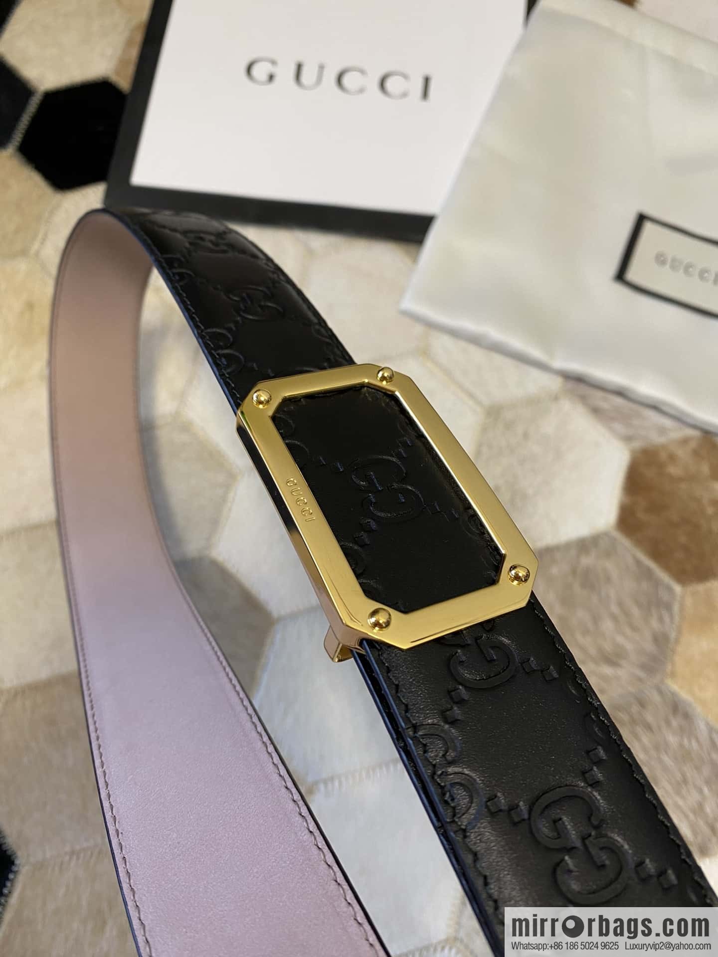 GUCCI square metal buckle 35mm double G embossed imported cowhide belt