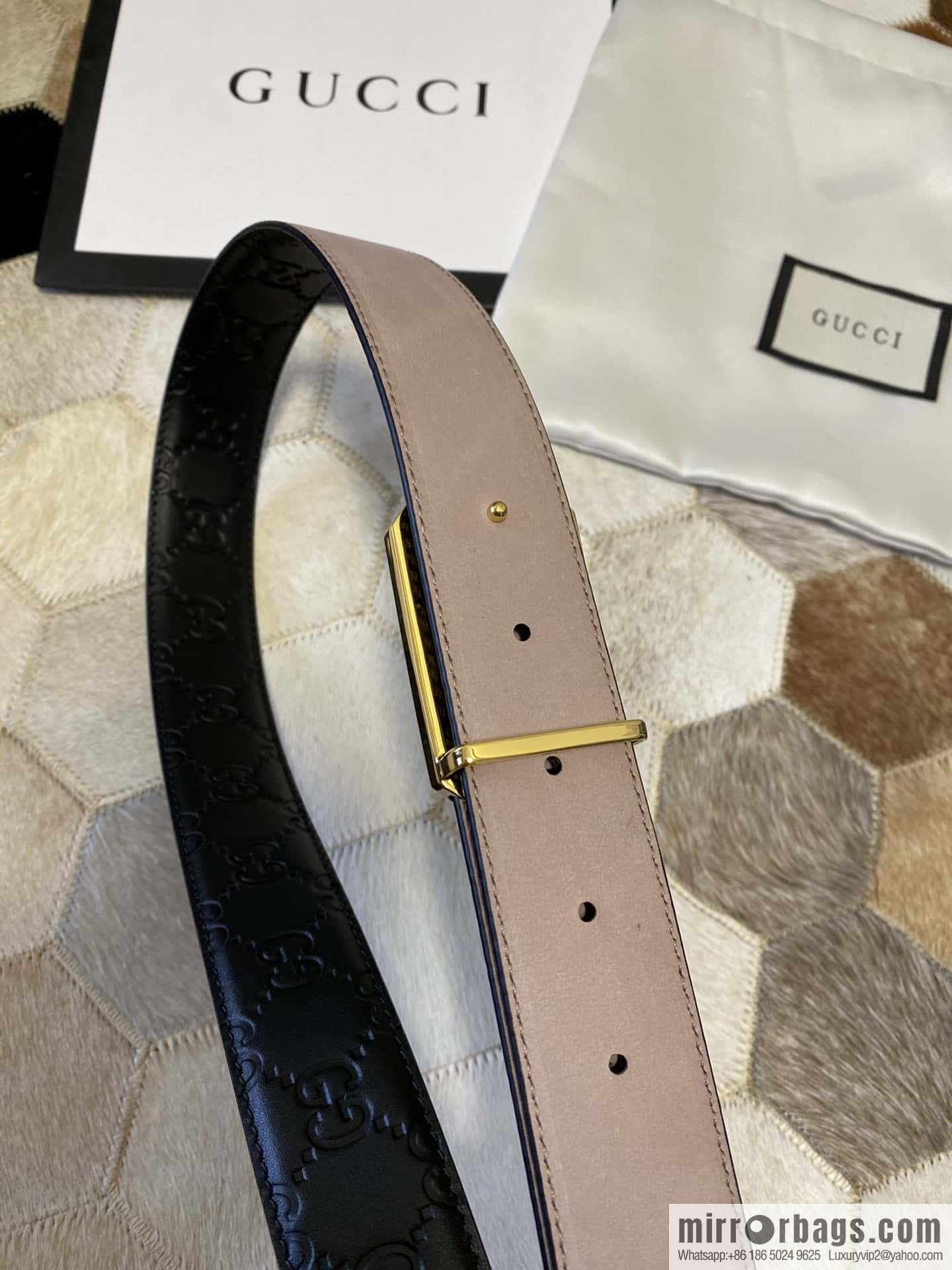 GUCCI square metal buckle 35mm double G embossed imported cowhide belt