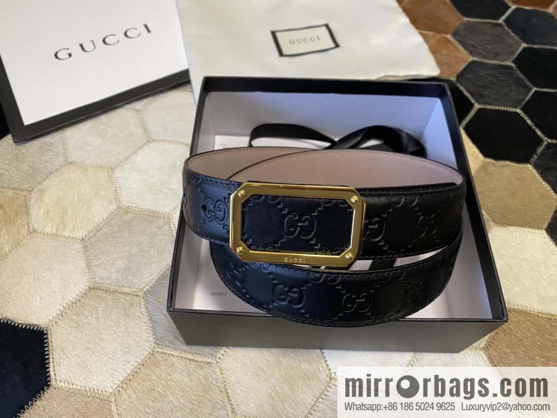 GUCCI square metal buckle 35mm double G embossed imported cowhide belt