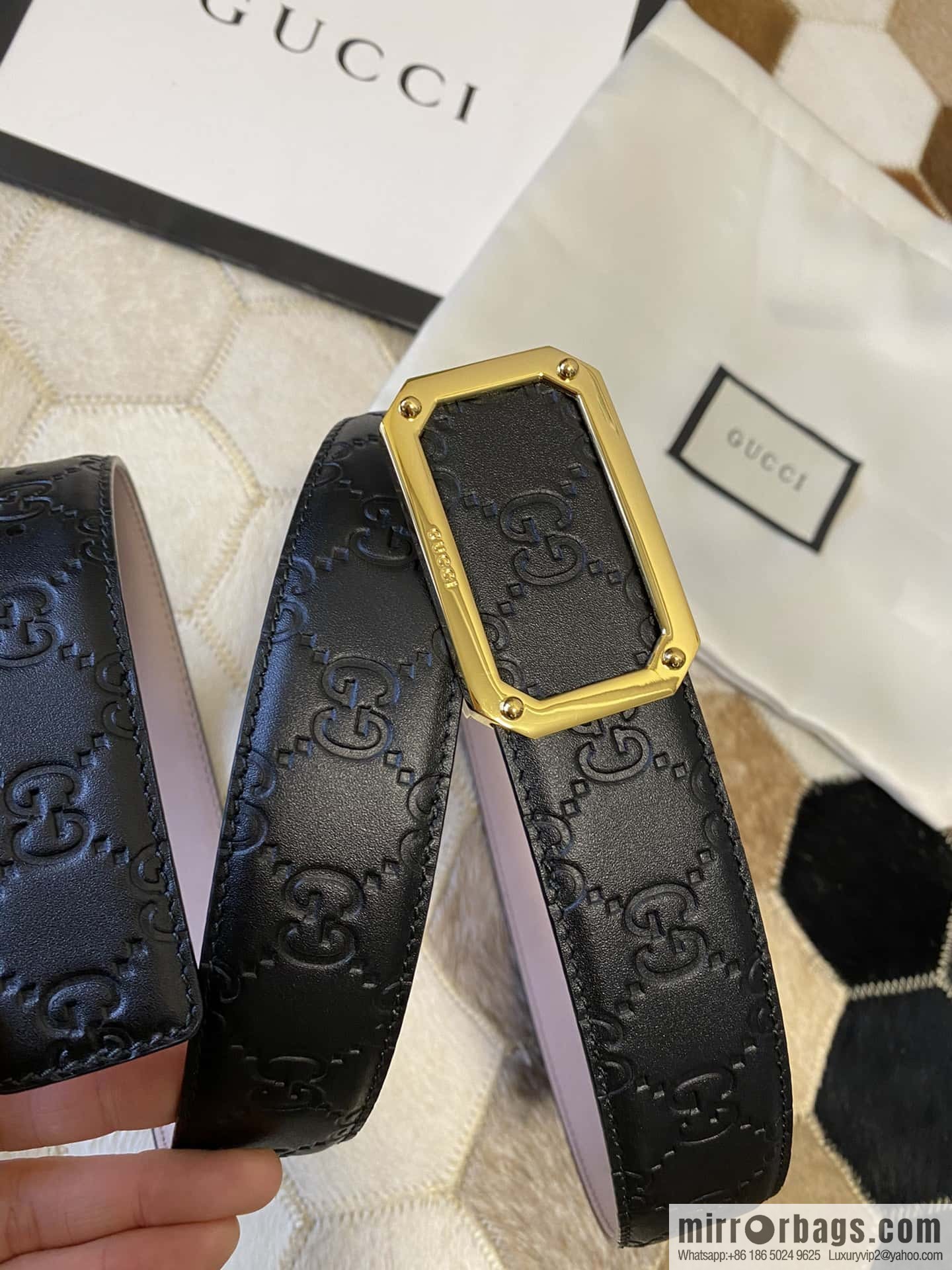 GUCCI square metal buckle 35mm double G embossed imported cowhide belt