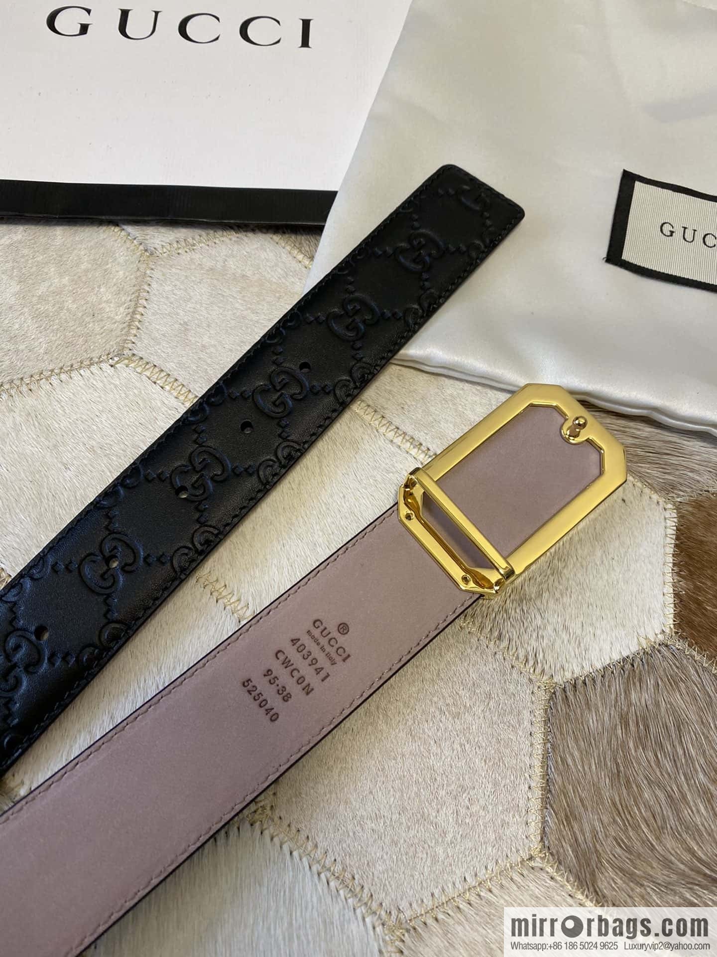 GUCCI square metal buckle 35mm double G embossed imported cowhide belt