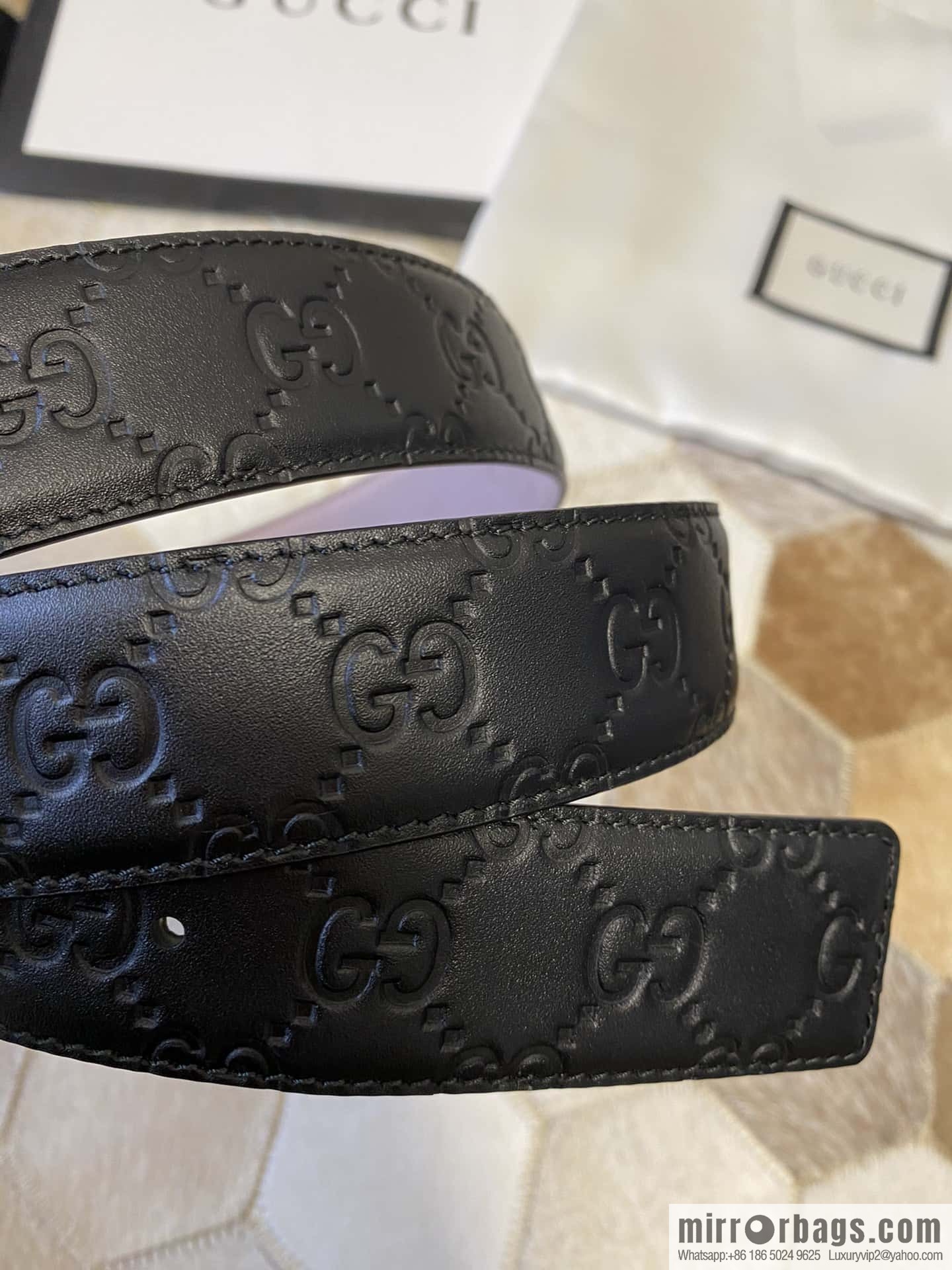 GUCCI square metal buckle 35mm double G embossed imported cowhide belt