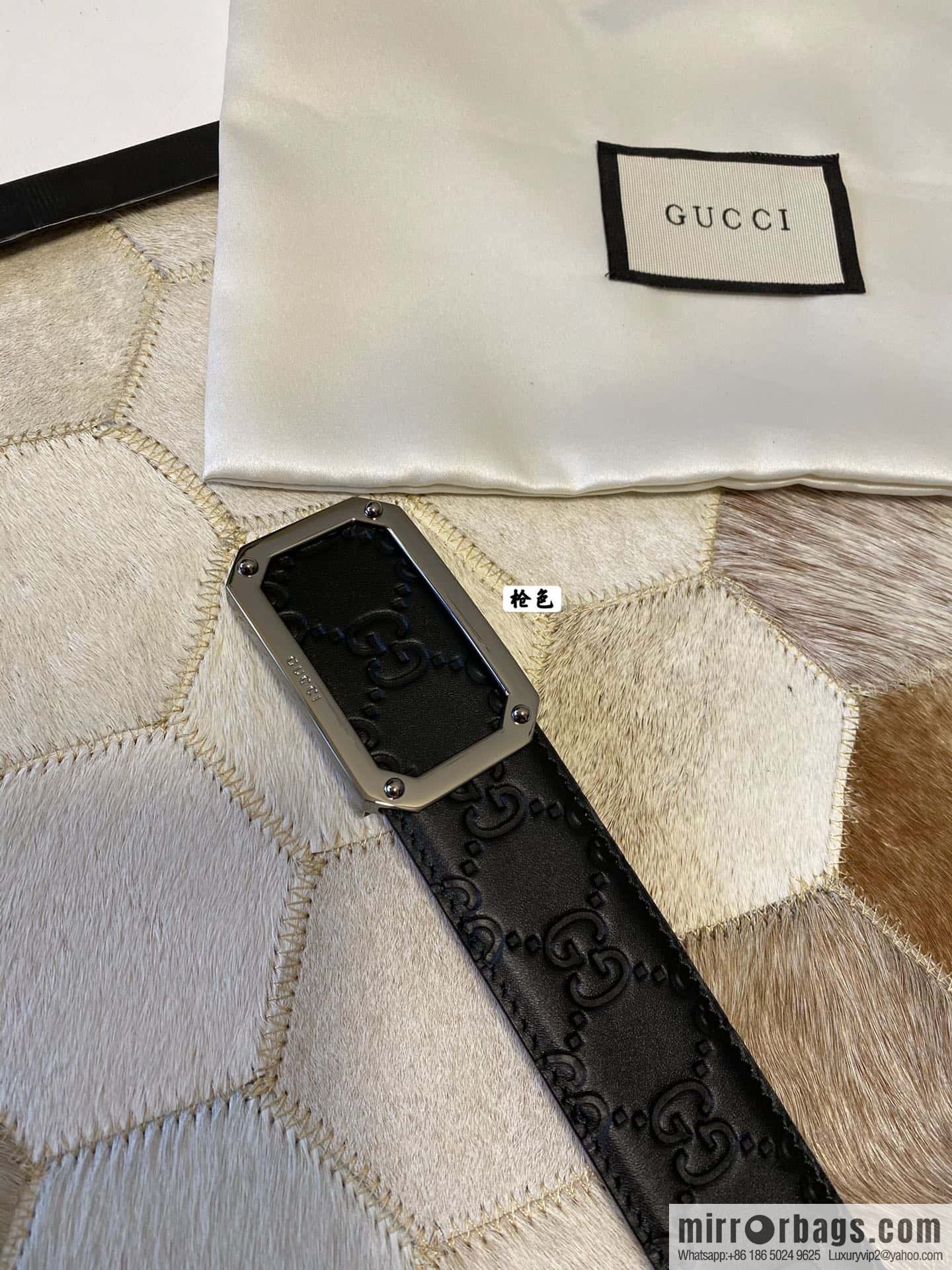 GUCCI square metal buckle 35mm double G embossed imported cowhide belt