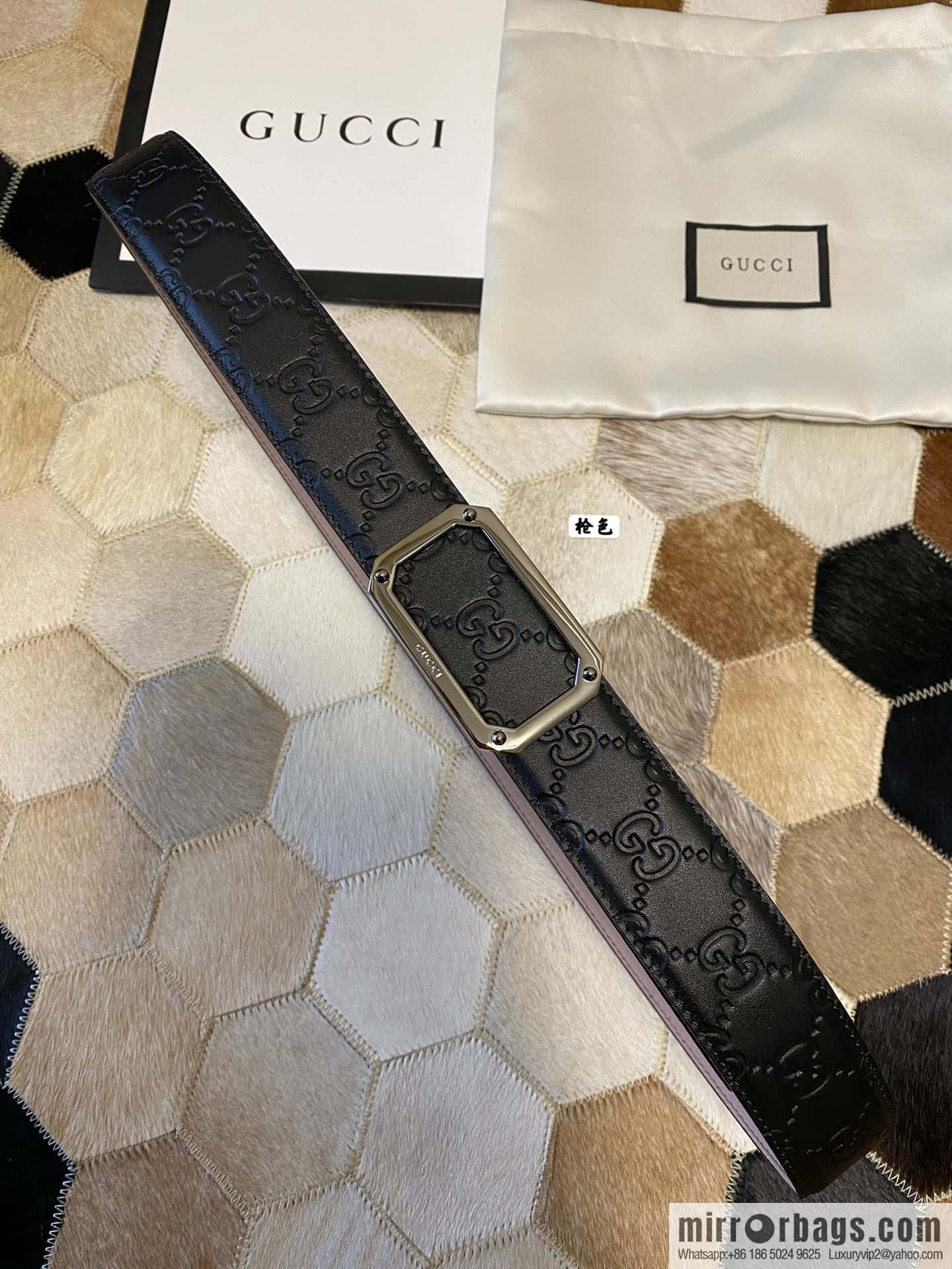 GUCCI square metal buckle 35mm double G embossed imported cowhide belt